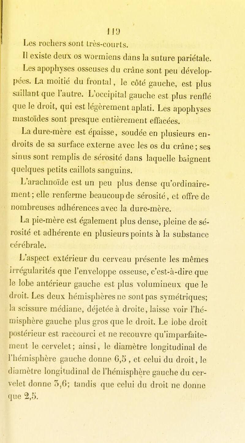 JJ9 Les rochers sont très-courls. Il existe deux os wormiens dans la suture pariétale. Les apophyses osseuses du crâne sont peu dévelop- pées. La moitié du frontal, le côté gauche, est plus saillant que l'autre. L^occipital gauche est plus renflé que le droit, qui est légèrement aplati. Les apophyses mastoïdes sont presque entièrement effacées. La dure-mère est épaisse, soudée en plusieurs en- droits de sa surface externe avec les os du crâne; ses sinus sont remplis de sérosité dans laquelle baignent quelques petits caillots sanguins. L'ai-achnoïde est un peu plus dense qu'ordinaire- ment; elle renferme beaucoup de sérosité, et offre de nombreuses adhérences avec la dure-mère. La pie-mère est également plus dense, pleine de sé- rosité et adhérente en plusieurs points à la substance céiébrale. L'aspect extérieur du cerveau présente les mêmes ii'régularités que l'enveloppe osseuse, c'est-à-dire que le lobe antérieur gauche est plus volumineux que le droit. Les deux hémisphères ne sont pas symétriques; la scissure médiane, déjetée à droite, laisse voir l'hé- misphère gauche plus gros que le droit. Le lobe droit postérieur est raccourci et ne recouvre qu'imparfaite- ment le cervelet; ainsi, le diamètre longitudinal de l'hémisphère gauche donne 6,5 , et celui du droit, le diamètre longitudinal de l'hémisphère gauche du cer- velet donne 5,6; tandis que celui du droit ne donne que %5.