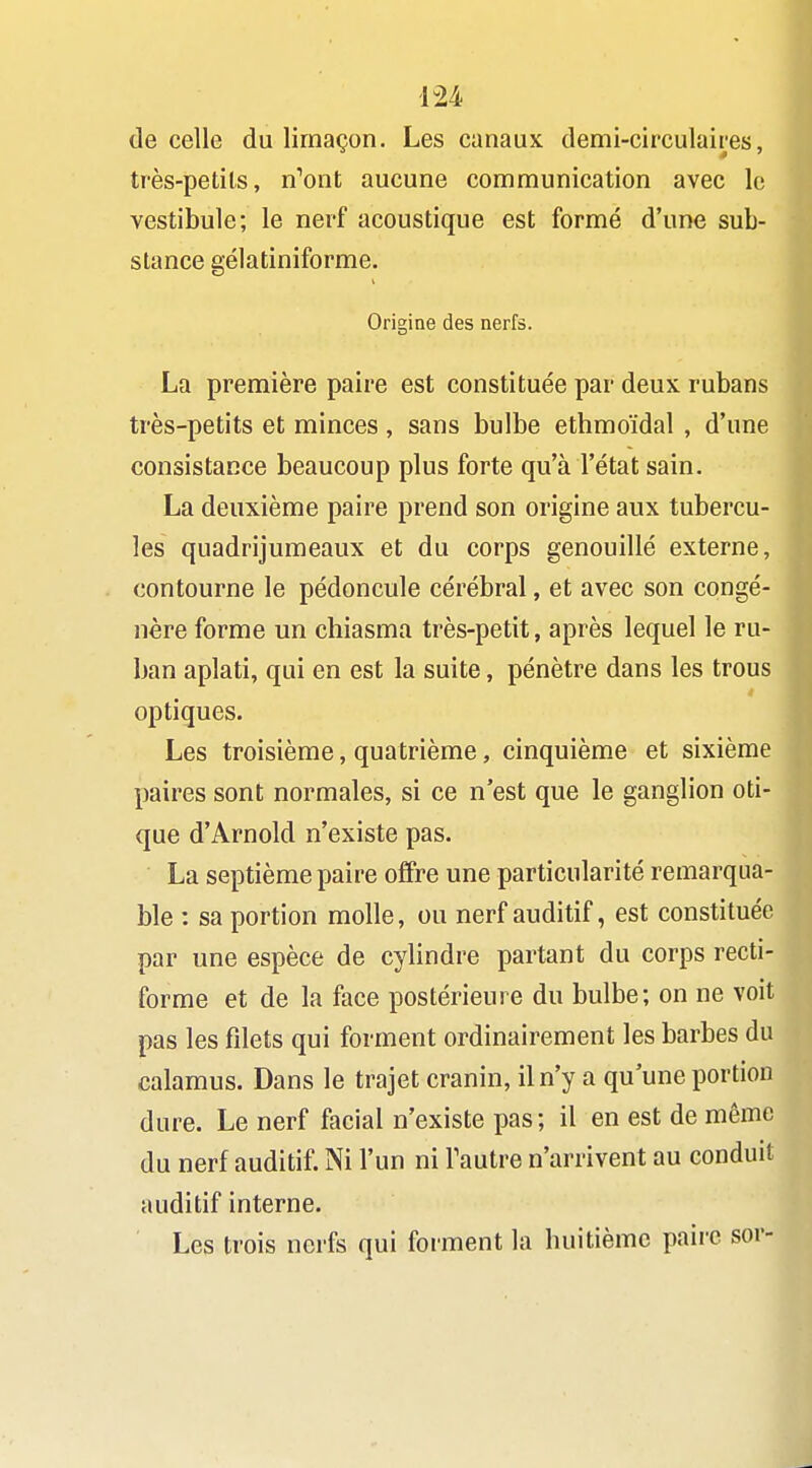 de celle du limaçon. Les canaux demi-circulaires, très-petits, n^ont aucune communication avec le vestibule; le nerf acoustique est formé d'une sub- stance gélatiniforme. Origine des nerfs. La première paire est constituée par deux rubans très-petits et minces, sans bulbe ethmoïdal , d'une consistance beaucoup plus forte qu'à l'état sain. La deuxième paire prend son origine aux tubercu- les quadrijumeaux et du corps genouillé externe, contourne le pédoncule cérébral, et avec son congé- nère forme un chiasma très-petit, après lequel le ru- ban aplati, qui en est la suite, pénètre dans les trous optiques. Les troisième, quatrième, cinquième et sixième paires sont normales, si ce n'est que le ganglion oti- que d'Arnold n'existe pas. La septième paire offre une particularité remarqua- ble : sa portion molle, ou nerf auditif, est constituée par une espèce de cylindre partant du corps recti- forme et de la face postérieure du bulbe; on ne voit pas les fdets qui forment ordinairement les barbes du calamus. Dans le trajet cranin, il n'y a qu'une portion dure. Le nerf facial n'existe pas ; il en est de même du nerf auditif. Ni l'un ni Tautre n'arrivent au conduit auditif interne. Les trois nerfs qui forment la buitièmc paire sor-