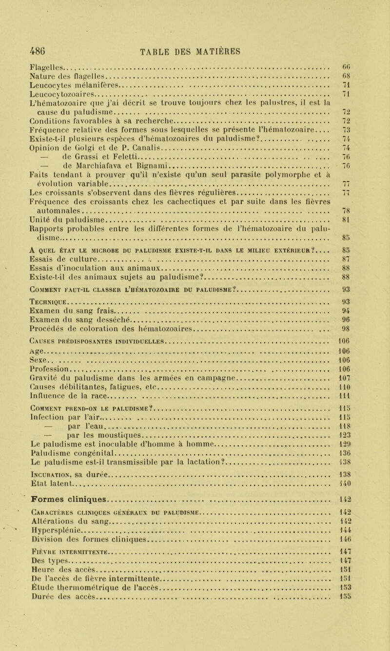 Flagelles Nature des flagelles Leucocytes mélanifères Leucocytozoaires L’hématozoaire que j’ai décrit se trouve toujours chez les palustres, il est la cause du paludisme Conditions favorables à sa recherche Fréquence relative des formes sous lesquelles se présente l’hématozoaire.... Existe-t-il plusieurs espèces d’hématozoaires du paludisme? Opinion de Golgi et de P. Canalis — de Grassi et Feletti — de Marchiafava et Bignami Faits tendant à prouver qu’il n’existe qu’un seul parasite polymorphe et à évolution variable Les croissants s’observent dans des fièvres régulières Fréquence des croissants chez les cachectiques et par suite dans les fièvres automnales Unité du paludisme Rapports probables entre les dilférentes formes de l’hématozoaire du palu- disme 0(3 08 71 71 72 72 73 74 74 70 70 77 77 78 81 85 A QUEL ÉTAT LE MICROBE DU PALUDISME EXISTE-T-IL DANS LE MILIEU EXTÉRIEUR? Essais de culture i Essais d’inoculation aux animaux Existe-t-il des animaux sujets au paludisme? Comment faut-il classer l’hématozoaire du paludisme? Technique Examen du sang frais Examen du sang desséché Procédés de coloration des hématozoaires Causes prédisposantes individuelles Age Sexe.. Profession Gravité du paludisme dans les armées en campagne Causes débilitantes, fatigues, etc Influence de la race Comment prend-on le paludisme? Infection par l’air — par l’eau — par les moustiques Le paludisme est inoculable d’homme à homme Paludisme congénital Le paludisme est-il transmissible par la lactation? Incubation, sa durée État latent 85 87 88 88 93 93 94 96 98 106 106 106 106 107 110 111 115 115 118 123 129 136 138 138 140 Formes cliniques 142 Caractères cliniques généraux du paludisme 142 Altérations du sang 142 Hypersplénie 144 Division des formes cliniques 146 Fièvre intermittente 147 Des types 147 Heure des accès 151 De l’accès de fièvre intermittente 151 Étude thermométrique de l’accès 153 Durée des accès 155