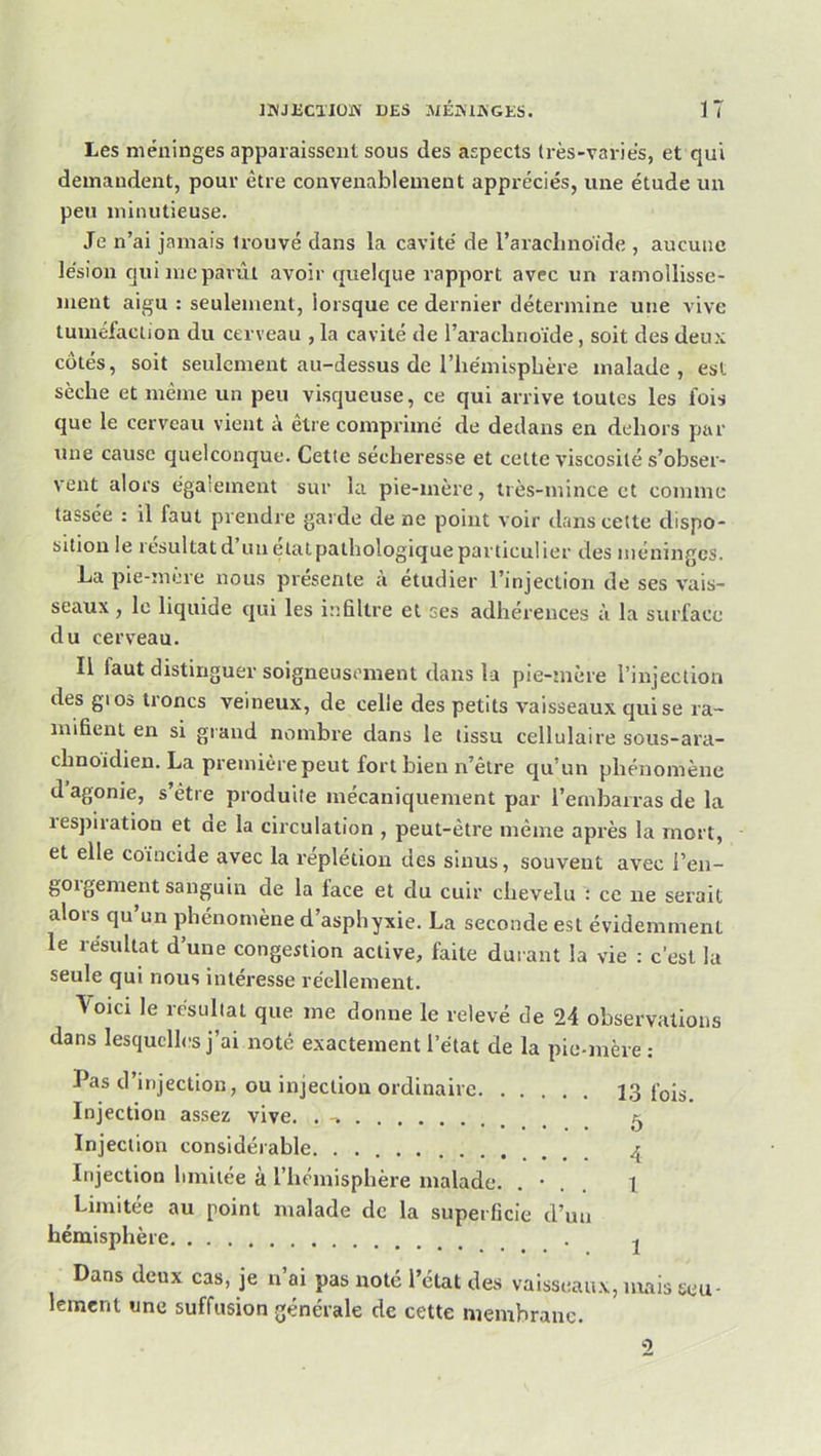 Les méninges apparaissent sous des aspects très-variés, et qui demandent, pour être convenablement appréciés, une étude un peu miuutieuse. Je n’ai jamais trouvé dans la cavité de raraclmoïde , aucune lésion qui nie parût avoir quelque rapport avec un ramollisse- ment aigu : seulement, lorsque ce dernier détermine une vive tuméfaction du cerveau , la cavité de l’arachnoïde, soit des deux côtés, soit seulement au-dessus de l’hémisphère malade, est sèche et même un peu visqueuse, ce qui arrive toutes les fois que le cerveau vient à être comprime de dedans en dehors par une cause quelconque. Cette secheresse et cette viscosité s’obser- vent alors également sur la pie-mère, très-mince et comme tassée : il faut prendre garde de ne point voir tlans celte dispo- sition le résultat d un état pathologique particulier des méninges. La pie-mere nous présenté à etudier l’injection de ses vais- seaux , le liquide qui les infiltre et ses adhérences à la surface du cerveau. Il faut distinguer soigneusement dans la pie-mère l’injection des gios troncs veineux, de celle des petits vaisseaux qui se ra- mifient en si grand nombre dans le tissu cellulaire sous-ara- chnoidien. La première peut fort bien n’être cju’un phénomène d agonie, s’être produite mécaniquement par l’embarras de la respiration et ae la circulation , peut-être même après la mort, et elle coïncide avec la repletion des sinus, souvent avec l’en- goigement sanguin de la face et du cuir chevelu : ce ne serait alors qu’un phénomène d’asphyxie. La seconde est évidemment le résultat d’une congestion active, faite durant la vie : c’est la seule qui nous intéresse réellement. 'Voici le résultat que me donne le relevé de 24 observations dans lesquelles j’ai noté exactement l’état de la pie-mère : Pas d’injection, ou injection ordinaire I3 fois Injection assez vive. . ^ \ Injection considérable 4 Injection limitée à riiémisphère malade. . • . . 1 Limitée au point irralade de la superficie d’un hémisphère . ^ Dans deux cas, je n’ai pas noté l’état des vaisseaux, mais seu- lement une suffusion générale de cette membrane. 2