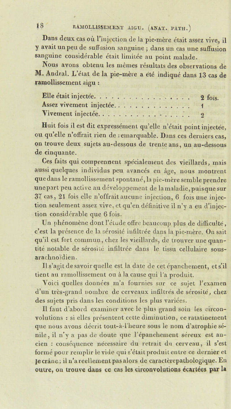 Dans deux cas ou l’injection de la pie-mère était assez vive, il y avait un peu de suffusion sanguine ; dans un cas une suffusion sanguine considérable était limitée au point malade. Nous avons obtenu les mêmes résultats des observations de M. Andral. L’état de la pie-mère a été indiqué dans 13 cas de ramollissement aigu : Elle était injectée 2 fois. Assez vivement injectée 1 Vivement injectée 2 Huit fois il est dit expressément qu’elle n’était point injectée, ou qu’elle n’offrait rien de remarquable. Dans ces derniers cas, on trouve deux sujets au-dessous de trente ans, un au-dessous de cinquante. Ces faits qui comprenuent spécialement des vieillards, mais aussi quelques individus peu avancés en âge, nous montrent que dans le ramollissement spontané, la pie-mère semble prendre une part peu active au développement de la maladie, puisque sur 3T cas, 21 lois elle n’offi'ait aucune injection, 6 fois une injec- tion seulement assez vive, et qu’en définitive il n’y a eu d’injec- tion considérable que 6 fois. Un phénomène dont l’élude offre beaucoup plus de difficulté, c’est la présence de la sérosité infiltrée dans la pie-mère. On sait qu’il est fort commun, chez les vieillards, de trouver une quan- tité notable de sérosité infiltrée dans le tissu cellulaire sous- arachnoïdien. Il s’agit de savoir quelle est la date de cet épanchement, et s’il tient au ramollissement ou à la cause qui l’a produit. Voici quelles données m’a fournies sur ce sujet l’examen d’un très-grand nombre de cerveaux infiltrés de sérosité, chez des sujets pris dans les conditions les plus variées. Il faut d’abord examiner avec le plus grand soin les circon- volutions : si elles présentent cette diminution, ce ratatinement que nous avons décrit tout-à-l’heure sous le nom d’atrophie sé- nile, il n’y a pas de doute que l’épanchement séreux est an- cien : conséquence nécessaire du retrait du cerveau, il s’est formé pour remplir le vide qui s’était produit entre ce dernier et le crâne.; il n’a reellenient pas alors de caractèrepathologique. En outre, on trouve dans ce cas les circonvolutions écartées par la