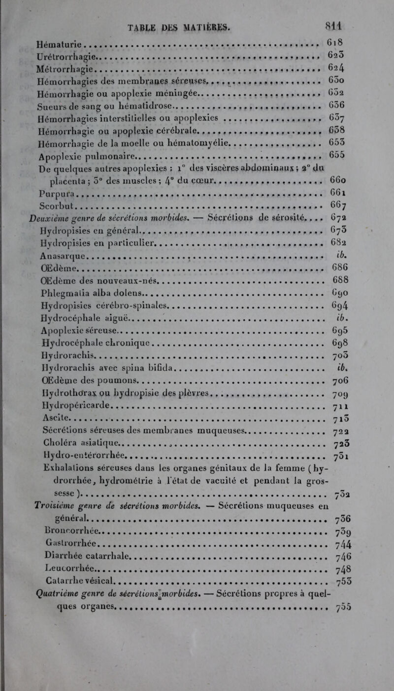 Hématurie 618 Urétrorrhagie 623 Métrorrhagie ............. 624 Hémorrhagies ries membranes séreuses............. 65o Hémorrhagie ou apoplexie méningée 602 Sueurs de sang ou hématidrose 636 Hémorrhagies interstitielles ou apoplexies 637 Hémorrhagie ou apoplexie cérébrale. ». 658 Hémorrhagie de la moelle ou hématomyélie 653 Apoplexie pulmonaire 655 De quelques autres apoplexies ; i° des viscères abdominaux ; 2° du placenta ; 5° des muscles ; 4° du cœur. 660 Purpura 661 Scorbut 667 Deuxième genre de sécrétions morbides. — Sécrétions de sérosité.... 672 Hydropisies en général 673 Hydropisies en particulier 682 Anasarque. ib. Œdème 686 OEdèmc des nouveaux-nés 688 Phlegmaiia alba dolcns 690 Hydropisies cérébro-spinales 694 Hydrocéphale aiguë ib. Apoplexie séreuse 6g5 Hydrocéphale chronique 698 Hydrorachis 706 Hydrorachis avec spina biGda ib. OEdèmc des poumons 706 Ilydrothorax ou hydropisie des plèvres. 709 Hydropéricarde. 711 Ascite 710 Sécrétions séreuses des membranes muqueuses 722 Choléra asiatique 723 Hydro-entérorrhée 751 Exhalations séreuses dans les organes génitaux de la femme (hy- drorrhée, hydromélrie à l'état de vacuité et pendant la gros- sesse) 702 Troisième genre de sécrétions morbides. — Sécrétions muqueuses en général 736 Broncorrhée 739 Gaslrorrhée. 744 Diarrhée catarrhale 746 Leucorrhée 748 Catarrhe vésical 753 Quatrième genre de sécrétionsjnorbides. — Sécrétions propres à quel- ques organes 755