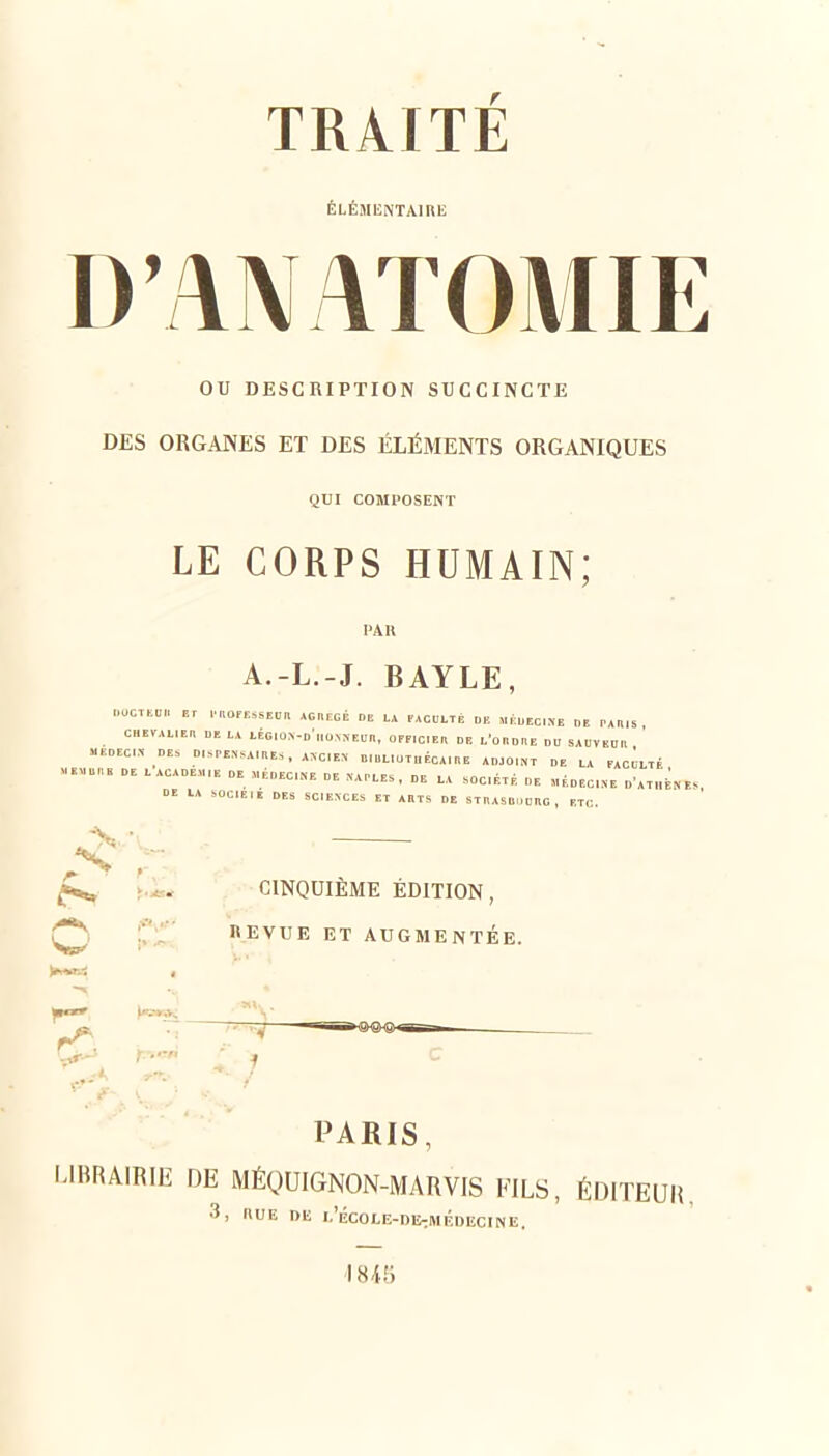 ÉLÉMliNTAIBE D'/INATOMIE ou DESCRIPTION SUCCINCTE DES ORGANES ET DES ÉLÉMENTS ORGANIQUES QUI COMPOSENT LE CORPS HUMAIN; PAR A.-L.-J. BAYLE, OOCTEOI, ,.aOF£SSEOn ACnECÉ DE LA FACULTE UE ..ÈUECI^E DE TAIIIS CHEÏAUEI, DE LA LÉGIOnViiûN>-EL.n, OFF.CIER DE l'oED.IE DD SAUVEDA MEDECIN DES D„ PENSA. « ES , ATC.EN C, «UOT „ ÉCA, U E ADJO.NT DE LA FACLLTE ».E>,U„. DE LACADEM.K OE «„EC,»E DE XAHLES, DE LA SOCÉ.F. DE „ÉdEC,NE „'AT„tNES DE LA SOCIEII DES SCIENCES ET AUTS DE STnASOl.DHC, ETC ^ CINQUIEME EDITION, ^ HEVUE ET AUGMENTÉE. 'S PARIS, I.IBRAIRIE DE MÉQUIGNON-MARVIS FILS, ÉDITEUH, 3, nUE DE I.'ÉCOLE-nivrMÉDECINE. 1845