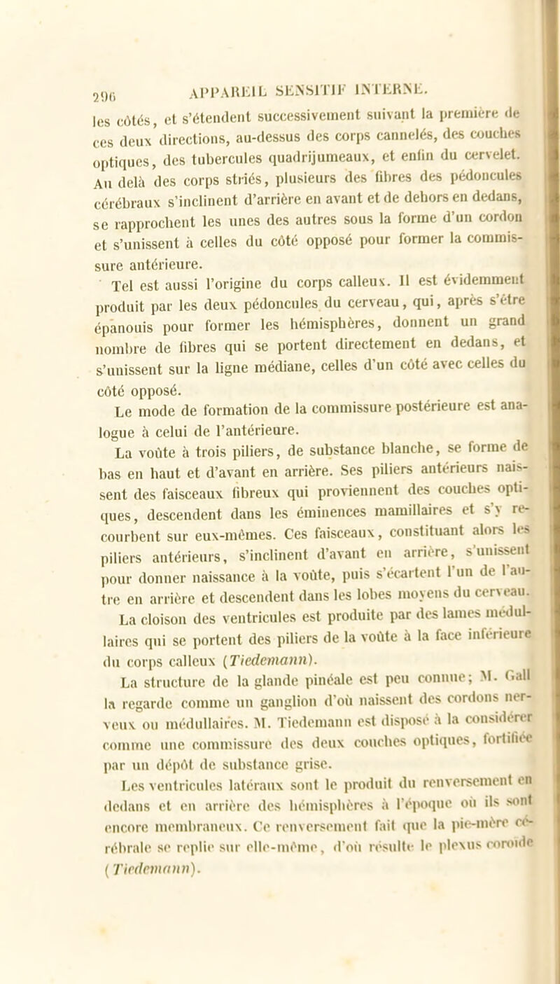 29G Al'l'AKKIL SLNSITH- lISTtRNli. les côtés, et s'étendent successivement suivant la première de ces deux'directions, au-dessus des corps cannelés, des couches optiques, des tubercules quadrijumeaux, et enlin du cervelet. Au delà des corps striés, plusieurs des fibres des pédoncules cérébraux s'inclinent d'arrière en avant et de dehors en dedans, se rapprochent les unes des autres sous la forme d'un cordon et s'unissent à celles du côté opposé pour former la commis- sure antérieure. Tel est aussi l'origine du corps calleux. Il est évidemment produit par les deux pédoncules du cerveau, qui, après s'être épanouis pour former les hémisphères, donnent un grand nombre de fibres qui se portent directement en dedans, et s'unissent sur la ligne médiane, celles d'un côté avec celles du côté opposé. Le mode de formation de la commissure postérieure est ana- logue à celui de l'antérieure. La voûte à trois piliers, de substance blanche, se forme de bas en haut et d'avant en arrière. Ses pUiers antérieurs nais- sent des faisceaux (ibreux qui proviennent des couches opti- ques, descendent dans les émiuences mamillaires et s'y re- courbent sur eux-mêmes. Ces faisceaux, constituant alors les piliers antérieurs, s'inclinent d'avant en arriére, s'unissent pour donner naissance à la voûte, puis s'écartent l'un de l'au- tre en arrière et descendent dans les lobes moyens du cerveau. La cloison des ventricules est produite par des lames médul- laires qui se portent des piliers de la voûte à la face inférieure du corps calleux (T'icdemann). La structure de la glande pinéale est peu connue; M. Oall la regarde comme un ganglion d'où naissent des cordons ner- veux ou médullaires. Al. Tiedemann est disposé à la considérer comme une commissure des deux couches optiques, fortifiée par un dépôt de substance grise. Les ventricules latéraux sont le produit du renversement en dedans et en arrière de.s hémisphères à l'époque oii ils sont encore membraneux. Ce renversement fait que la pie-mèro cé- rébrale se replie sur ello-mème, d'où résulte le plexus rnwidc ( Tmlcmann).