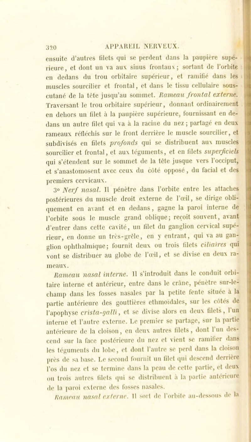 ensuite d'aulies filets qui se perdent dans la paupière supé- rieure, et dont un va aux sinus frontaus; sortant de l'orbite en dedans du trou orbitaire supérieur, et ramifié dans les muscles sourcilier et frontal, et dans le tissu cellulaire sous- cutané de la tôte jusqu'au sommet. Rameau frontal externe. Traversant le trou orbitaire supérieur, donnant ordinairement en debors un filet à la paupière supérieure, fournissant en de- dans un autre filet qui va à la racine du nez ; partagé en deu\ rameaux réflécbis sur le front derrière le muscle sourcilier, et subdivisés en filets profonds qui se distribuent au\ muscles sourcilier et frontal, et aux téguments, et en filets superficiels qui s'étendent sur le sommet de la tête jusque vers l'occiput, et s'anastomosent avec ceux du coté opposé, du facial et des premiers cervicaux. 30 Nerf nasal. Il pénètre dans l'orbite entre les attacbes postérieures du muscle droit externe de l'œil, se dirige obli- quement en avant et en dedans, gagne la paroi interne de l'orbite soùs le muscle grand oblique; reçoit souvent, avant d'entrer dans cette cavité, un filet du ganglion cervical supé- rieur, en donne un très-gréle, en y entrant, qui va au gan- glion opbtbalmique; fournit deux ou trois filets ciliaires qui vont se distribuer au globe de l'œil, et se divise en deux ra- meaux. Rameau nasal interne. 11 s'introduit dans le conduit orbi- taire inlerne et antérieur, entre dans le crAnc, pénètre sur-lc- cbamp dans les fosses nasales par la petite fente située à la partie antérieure des gouttières etbmoidales, sur les cAtés de l'apopbyse crista-rjalli, et se divise alors en deux filets, l'un interne et l'aulrc exlerne. Le premier se partage, sur la partie antérieure de la cloison, en deux autres filets, dont l'un des- cend sur la face postérieure du nez et vient se ramifier dans les téguments du lobe, et dont l'autre se perd dans la cloison près de sa base. Le second fournil un filet qui descend derrière l'os du nez et se termine dans la peau do relie partie, et deux ou trois autres filets ipii se distribuent à la partie antérieure de la paroi exlerne des fosses nn.salos. Ramrnu na-'nit r.i /rrnr. 11 >or[ de l'orbite au-dessou> do la