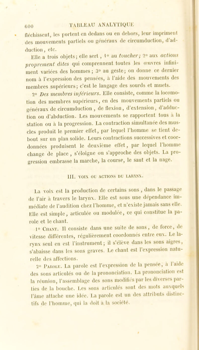 nécliissont, les |ioi tenl en dedans ou en deliors, leur impriinciil (les niouveinenls pailiels ou f^énéraux de circuinduetioii, d'ad- duction , etc. Elle a trois objets ; elle sert, I au toucher; ï aux actiom jyroprcment dites qui comprennent toutes les a-uvres infini- ment variées des hommes; 3 au geste; on donne ce dernier nom à l'expression des pensées, à l'aide des mouvements des membres supérieurs; c'est le langage des sourds et muets. 1° Des membres inférieurs. Elle consiste, comme la locomo- tion des membres supérieurs, en des mouvements partiels ou généraux de circumduction , de flexion, d'extension, d'adduc- tion ou d'abduction. Les mouvements se rapportent tous à la station ou à la progression. La contraction simultanée des mus- cles produit le premier effet, par lequel l'homme se tient de- bout sur un plan solide. Leurs contractions successives et coor- données produisent le deuxième effet, par lequel l'homme change de place , s'éloigne on s'approche des objets. La pro- gression embrasse la marche, la course, le saut et la nage. III. voix ou ACTIONS Dt LAKYKX. La voix est la production de certains sons, dans le passage de l'air à travers le larynx. Elle est sous une dépendance im- médiate de l'audition chez l'homme, et n'existe jamais sans elle. Elle est simple, articulée ou modulée, ce qui constitue la pa- role et le chant. 1° CiiACT. Il consiste dans une suite de sons, de force, de vitesse différentes, régulièrement coordonnés entre eux. Le la- rynx seul en est l'iustrumenl; il s'élève dans les sons aigre-s s'abaisse dans les sons graves. Le chant est l'expression natu- relle des affections. •i l'.vuoi.K. La parole est l'expression de la pensée, à l'aide des sons articulés ou de la prononciation. La prononciation est la réunion, l'assemblage des sons modifiés par les diverses par- lies de la bouche. Les sons articulés sont des mots auxquoN l'Ame attache une idée. La parole est un des attributs distiuc- lifs de l'homme, (pii la doit à la société.