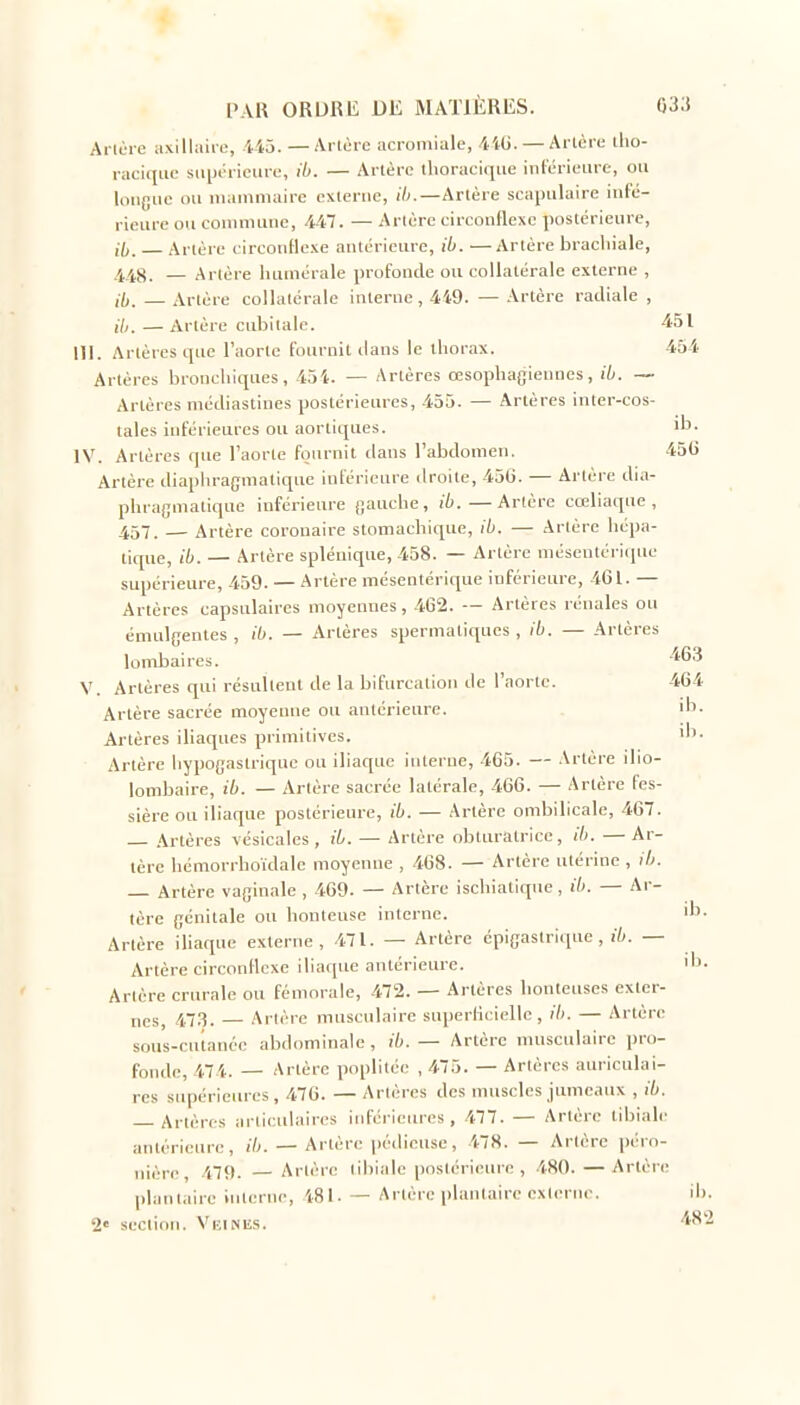 Ancre axillaire, 445. — Artère acromiale, 4'iG. — Artère tlio- raciqiic siiijérieure, il). — Artère tlioracique iiilérieiirc, ou longue ou mammaire externe, i7j.—Artère scapulaire infé- rieure oti coumiune, 447. — Artère circonflexe postérieure, il,, Artère circonflexe antérieure, ib. —Artère brachiale, 44g. — Artère humérale profonde ou collatérale externe , il,. — Artère collatérale interne, 449. — Artère radiale , il,_ _ Artère cubitale. 451 m. Artères que l'aorte fournit dans le thorax. 454 Artères bronchiques, 454. — Artères œsophagiennes, ib. ~ Artères niédiastines postérieures, 455. — Artères inter-cos- tales inférieures ou aortiques. ib. IV. Artères que l'aorte fournit dans l'abdomen. 450 Artère diapliragmatique inférieure droite, 450. — Artère dia- phragmatique inférieure gauche, ib.—Artère cœliaque , 457. — Artère coronaire stomachique, ib. — Artère hépa- tique, ib. — Artère spléuique, 458. — Artère mésentérique supérieure, 459. — Artère mésentérique inférieure, 461. — Artères eapsulaires moyeuues, 462. — Artères rénales ou émulgentes , ib. — Artères spermatiqucs , ib. — Artères lombaires. •^'^•^ V. Artères qui résultent de la bifurcation de l'aorte. 464 Artère sacrée moyenne ou antérieure. ib. Artères iliaques primitives. l'- Artère hypogastriquc ou iliaque interne, 465. — .\rtère ilio- lombaire, ib. — Artère sacrée latérale, 466. — Artère fes- sière ou iliaque postérieure, ib. — Artère ombilicale, 467. Artères vésicales , iL. — Artère obturatrice, ib. —Ar- tère hémorrhoïdale moyenne , 468. — Artère utérine , ih. Artère vaginale , 469. — Artère ischialique, ib. — Ar- tère génitale ou honteuse interne. il'- Artère iliaque externe, 471. — Artère épigastrique, ib. — Artère circonflexe iliaque antérieure. d). Artère crurale ou fémorale, 472. — Artères honteuses exter- nes, 473. — Artère musculaire superficielle, //). — Artère sous-cutance abdominale, ib. — Artère musculaire pro- fonde, 474. — Artère poplitéc , 475. — Artères auriculai- res supérieures, 476. — Artères des inuscles jumeaux , ib. Artères articttlaircs inférieures, 477. — Artère libialc antérieure, ib. — Artère pédieuse, 478. — Artère péro- nière 479. Artère Iil)iale postérieure , 480. — Artère plantaire interne, 481. — Artère plantaire cxlcriu-. il). 2 section. VniNiis. 482