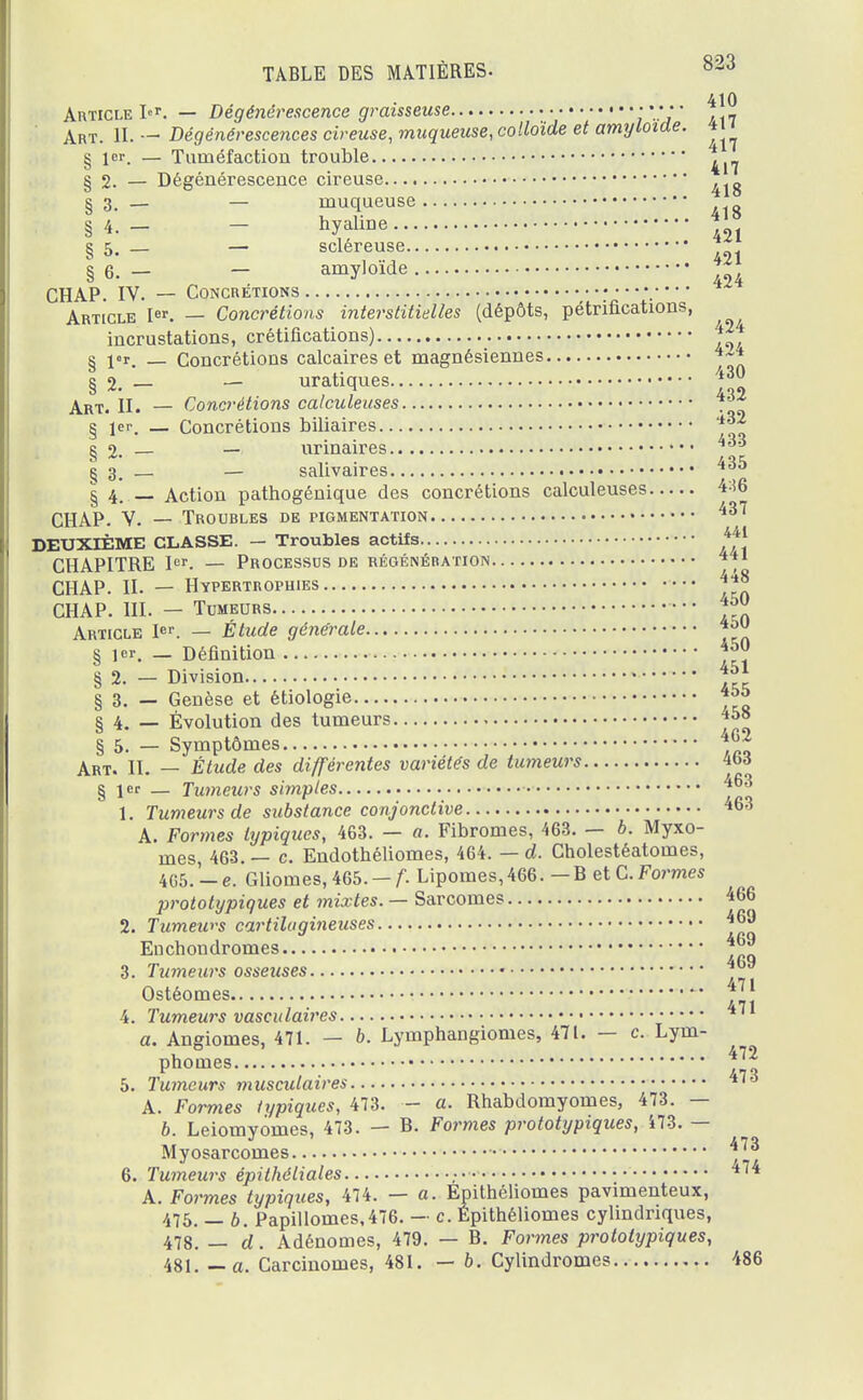 410 Article I°r. — Dégénérescence graisseuse ••*•• Art_ n. — Dégénérescences cireuse, muqueuse, colloïde et amyloide. *n § 1er. — Tuméfaction trouble ^ § 2. — Dégénérescence cireuse , g § 3. — — muqueuse § 4. - - hyaline * § 5. — — scléreuse * § 6. — — amyloïde CHAP. IV. — Concrétions Article Ier. — Concrétions interstitielles (dépôts, pétrifications, incrustations, crétifications) 424 § i«r. _ Concrétions calcaires et magnésiennes 4~* § 2. — - uratiques JJ° Art. n. — Concrétions calculeuses . * § jer. _ Concrétions biliaires *32 § 2. — — urinaires 433 ç 3, — — salivaires 435 § 4. — Action pathogénique des concrétions calculeuses 4-i6 CHAP. V. — Troubles de pigmentation 437 DEUXIÈME CLASSE. — Troubles actifs 441 CHAPITRE Ier. — Processus de régénération 441 CHAP. II. — Hypertrophies 4*8 CHAP. III. — Tumeurs • 450 Article Ier. — Étude générale ™> § 1er. _ Définition 45U § 2. — Division 451 § 3. — Genèse et étiologie 455 § 4. — Évolution des tumeurs 45° § 5. — Symptômes 462 Art. IL — Étude des différentes variétés de tumeurs 4M § jer _ Tumeurs simples 463 1. Tumeurs de substance conjonctive 463 A. Formes typiques, 463. — a. Fibromes, 463. — b. Myxo- mes 463. — c. Endothéliomes, 464. — d. Cholestéatomes, 465. - e. Gliomes, 465. — f. Lipomes, 466. — B et C. Formes prototypiques et mixtes. — Sarcomes 466 2. Tumeurs cartilagineuses 469 Enchondromes 46» 3. Tumeurs osseuses y™ Ostéomes jl1 4. Tumeurs vaseulaires 471 a. Angiomes, 471. — b. Lymphangiomes, 47t. — c. Lym- phoines 472 5. Tumeurs musculaires A. Formes typiques, 473. — a. Rhabdomyomes, 473. — b. Leiomyornes, 473. — B. Formes prototypiques, 473. — Myosarcomes 473 6. Tumeurs épithéliales ,• 474 A. Formes typiques, 474. — a. Epithéliomes pavimenteux, 475. — 6. Papillomes,476. — c. Epithéliomes cylindriques, 478. — d. Adénomes, 479. — B. Formes prototypiques, 481. — a. Carcinomes, 481. — b. Cylindromes 486