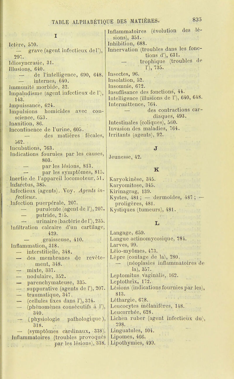 Inflammatoires (évolution des lé- sions), 351. Inhibition, 688. Innervation (troubles dans les fonc- tions d'), G31. — trophique (troubles de 1'), 735. Insectes, 96. Insolation, 52. Insomnie, 672. Insuffisance des fonctions, 44. Intelligence (illusions de 1'), 640, 648. Intermittence, 764. — des contractions car- diaques, 493. Intestinales (coliques), 560. Invasion des maladies, 764. Irritants (agents), 92. Ictère, 570. — grave (agent iufectieux del'), 297. ldiosyncrasie, 31. Illusions, 640. — ■ de l'intelligence, 690, 648. — internes, 640. Immunité morbide, 32. Impaludisme (agent infectieux de 1'), 143.' Impuissance, 624. Impulsions homicides avec con- science, 653. Inanition, 86. Incontinence de l'urine, 605. — des matières fécales, 562. Incubations, 763. Indications fournies par les causes, 803. — parles lésions, 813. — par les symptômes, 815. Inertie de l'appareil locomoteur, 51. Infarctus, 385. Infectieux (agents). Voy. Agents in- fectieux. Infection puei^pérale, 207. — purulente (agent de 1'), 207. — putride, 215. — urinaire (bactérie del'), 235. Infiltration calcaire d'un cartilage, 429. — graisseuse, 410. Inflammation^ 318. — interstitielle, 348. — des membranes de revête- ment, 348. — mixte, 337. — nodulaire, 352. — parenchymateuse, 335. — suppurative (agents de 1'), 207. — traumatique, 347. — (cellules fixes dans 1'), 324. — (phénomènes consécutifs à 1'), 340. — ( physiologie pathologique ), 318. — (symptômes cardinaux, 338). Inflammatoires (troubles provoqués par les lésions), 338. Jeunesse, 42. K Karyokinèse, 345. Karyomitose, 345. Kirinagrag, 139. Kystes, 481; — dermoïdes, 487 ; proligères, 481. Kystiques (tumeurs), 481. Langage, 659. Langue actinomycosique, 284. Larves, 99. Léio-myômes, 473. Lèpre (contage de lai, 280. — (néoplasies inflammatoires de la), 357. Leptomitus v'aginàlis, 162. Leptothrix, 172. Lésions (indications fournies par les), 813. Léthargie, 678. Leucocytes mélanifères, 148. Leucorrhée, 628. Lichen ruber (agent infectieux du\ 298. Linguatules, 104. Lipomes, 466. Lipothymies, 499.