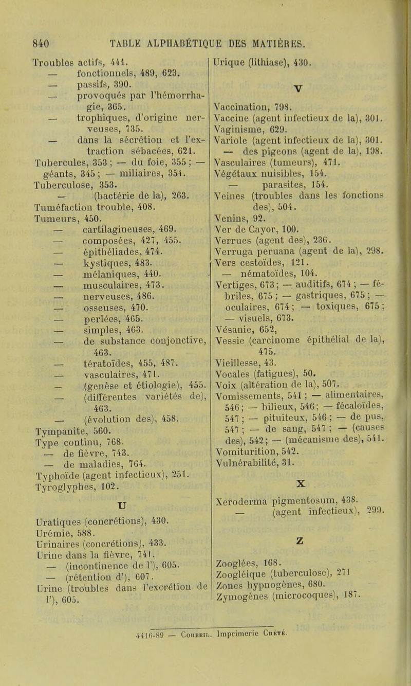 Troubles actifs, 441. — fonctionnels, 489, 623. — passifs, 390. — provoques par l'hémorrha- gie, 3G5. — trophiques, d'origine ner- veuses, 135. — clans la sécrétion et l'ex- traction sébacées, G21. Tubercules, 353 ; — du foie, 355 ; — géants, 345; — iniliaires, 354. Tuberculose, 353. — (bactérie de la), 263. Tuméfaction trouble, 408. Tumeurs, 450. — cartilagineuses, 469. — composées, 427, 455. — épitliéliades, 474. — kystiques, 483. — mélaniques, 440. — musculaires, 473. — nerveuses, 486. — osseuses, 470. — perlées, 4G5. — simples, 4(53. — de substance conjonctive, 463. — tératoïdes, 455, 487. — vasculaires, 471. — (genèse et étiologie), 455. — (différentes variétés de), 463. — (évolution des), 458. Tympanite, 560. Type continu, 768. — de fièvre, 743. — de maladies, 764. Typhoïde (agent infectieux), 251. Tyroglyphes, 102. U Uratiques (concrétions), 430. Urémie, 588. Urinaires (concrétions), 433. Urine dans la fièvre, 741. — (incontinence de V), 605. — (rétention d'), 607. Urine (tro'ubles dans Pexccétion de 1'), 605. Urique (lithiase), 430. V Vaccination, 798. Vaccine (agent infectieux de la), 30J. Vaginisme, 629. Variole (agent infectieux de la), 301. — des pigeons (agent de la), 198. Vasculaires (tumeurs), 471. Végétaux nuisibles, 154. — parasites, 154. Veines (troubles dans les fonctions des;, 504. Venins, 92. Ver de Cayor, 100. Verrues (agent des), 236. Verruga peruana (agent de la), 298. Vers cestoïdes, 121. — nématoïdes, 104. Vertiges, 673; — auditifs, 674 ; — fé- briles, 675 ; — gastriques, 675 ; — oculaires, 674; — toxiques, 675: — visuels, 673. Vésanie, 652, Vessie (carcinome épithélial de la), 475. Vieillesse, 43. Vocales (fatigues), 50. Voix (altération de la), 507. Vomissements, 541 ; — alimentaires, 546; — bilieux, 546; — fécaloïdes, 547 ; — pituiteux, 546 ; — de pvis, 547 ; — de sang, 547 ; — (causes des), 542; — (mécanisme des), 541. Vomiturition, 542. Vulnérabilité, 31. X Xeroderma pigmentosum, 438. — (agent infectieux), 299. Z Zooglécs, 168. Zoogléique (tuberculose), 271 Zones hypnogènes, 680. Zyinogènes (microcoques), 187. 4416-89 — CoiiBMi.. Imprimerie Chktk.