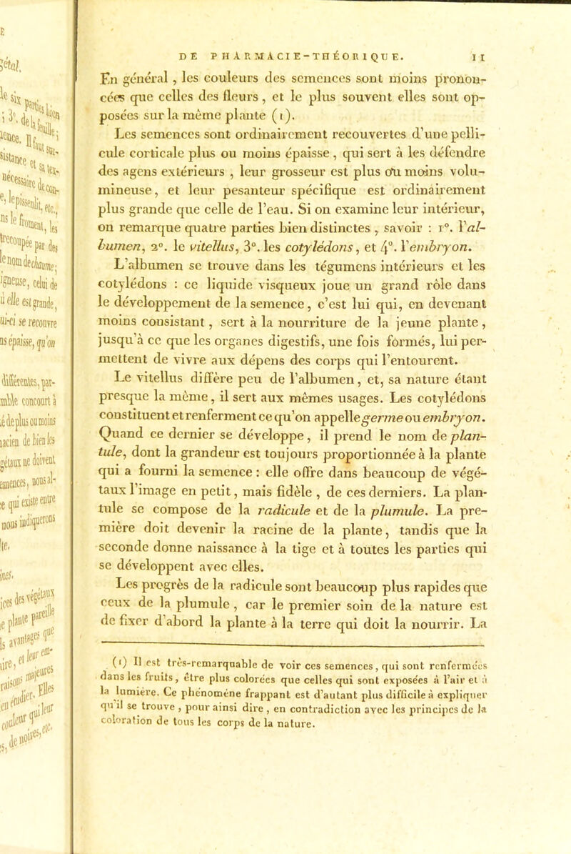 Kn général , les couleurs des semences sont moins pronon- cée*! que celles des fleurs, et le plus souvent elles sont op- posées sur la même plante (i). Les semences sont ordinairement recouvertes d’une pelli- cule corticale plus ou moins épaisse, qui sert à les défendre des agens extérieurs , leur grosseur est plus cfu moins volu- mineuse, et leur pesanteur spécifique est ordinairement plus grande que celle de l’eau. Si on examine leur intérieur, on remarque quatre parties bien distinctes , savoir : i°. Y al- bumen, i°. le viteïlus, 3°. les cotylédons, et 4°. Y embryon. L’albumen se trouve dans les tégumens intérieurs et les cotylédons : ce liquide visqueux joue un grand rôle dans le développement de la semence, c’est lui qui, en devenant moins consistant, sert à la nourriture de la jeune plante, jusqu’à ce que les organes digestifs, une fois formés, lui per- mettent de vivre aux dépens des corps qui l’entourent. Le vitellus diffère peu de l’albumen, et, sa nature étant presque la même, il sert aux mêmes usages. Les cotylédons constituent et renferment ce qu’on appellegewte ou embryon. Quand ce dernier se développe, il prend le nom de plan- tule, dont la grandeur est toujours proportionnée à la plante qui a fourni la semence : elle offre dans beaucoup de végé- taux l’image en petit, mais fidèle , de ces derniers. La plan- tule se compose de la radicule et de la plumule. La pre- mière doit devenir la racine de la plante, tandis que la seconde donne naissance à la tige et à toutes les parties qui se développent avec elles. Les progrès de la radicule sont beaucoup plus rapides que ceux de la plumule, car le premier soin de la nature est de fixer d abord la plante à la terre qui doit la nourrir. La (i) Il est très-remarquable de voir ces semences, qui sont renfermées dans les fruits, etre plus colorées que celles qui sont exposées à l’air et à la lumière. Ce phénomène frappant est d’autant plus difficile à expliquer qu il se trouve , pour ainsi dire , en contradiction avec les principes de la coloration de tous les corps de la nature.