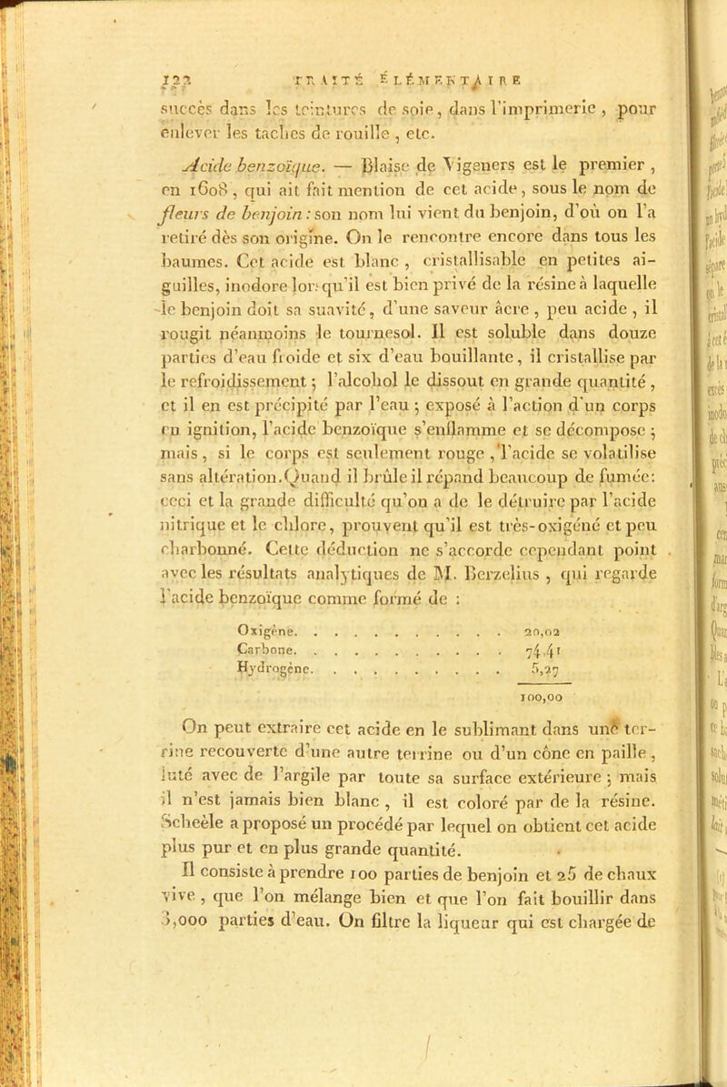 la» T Tl A ï T É ,É LÉM.Ep^J» t tl E succès dans les loin Marcs de soîp , dans l’imprimerie , pour enlever les taches de rouille , etc. Acide benzo’ù/ue. — Biaise de Yigeners est le premier , en 1608 , qui ait fait mention de ccl acide, sous le nom de fleurs de benjoin:son nom lui vient du Benjoin, d'où on l’a retiré dès son origine. On le rencontre encore dans tous les Baumes. Cet acide est Blanc , cristallisaBle en petites ai- guilles, inodore ]or; qu'il est Bien privé de la résine à laquelle le Benjoin doit sa suavité, d’une saveur âcre , peu acide , il rougit néanmoins le tournesol. Il est soluBle dans douze parties d’eau fioide et six d’eau Bouillante, il cristallise par le refroidissement 5 l’alcohol le dissout en grande quantité , et il en est précipité par l’eau \ exposé à l’action cl'un corps en ignilion, l’acide Benzoïque s’enflamme et se décompose 5 mais, si le corps est seulement rouge ,‘1’acidc se volatilise sans altération.Quand il Brûle il répand Beaucoup de fumée: ceci et la grande difficulté qu’on a de le détruire par l’acide nitrique et le chlore, prouvent qu’il est très-oxigéné et peu charfionné. Celte déduction ne s’accorde cependant point avec les résultats analytiques de M. Berzejius , qui regarde l'acide Benzoïque comme formé de : Oxigène 20,02 Carbone 74 41 Hydrogène 5,27 100,00 ‘On peut extraire cet acide en le suBlimant dans unô ter- rine recouverte d’une autre terrine ou d’un cône en paille , futé avec de l’argile par toute sa surface extérieure ; mais il n’est jamais Bien Blanc , il est coloré par de la résine. Scheèle a proposé un procédé par lequel on oBtient cet acide plus pur et en plus grande quantité. Il consiste à prendre 100 parties de Benjoin et 2Ô de chaux vive , que l’on mélange Bien et que l’on fait Bouillir dans r,ooo parties d’eau. On filtre la liqueur qui est chargée de