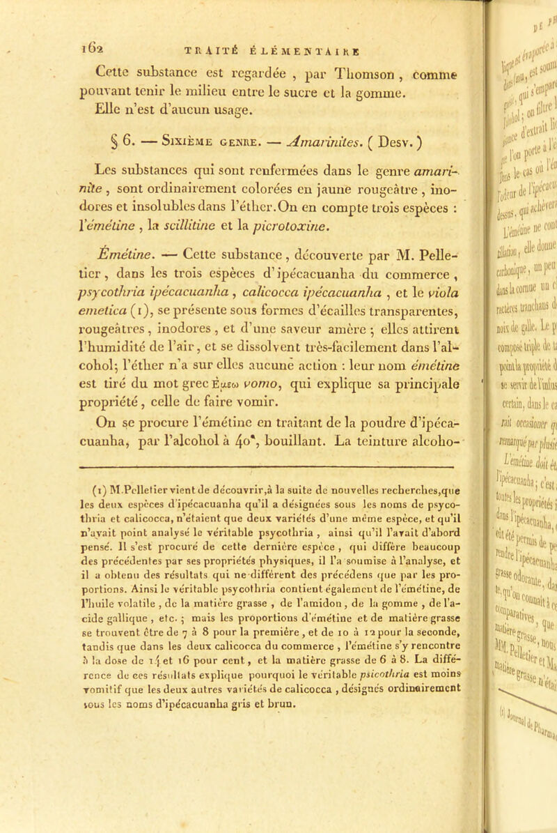 Cette substance est regardée , par Thomson , comme pouvant tenir le milieu entre le sucre et la gomme. Elle n’est d’aucun usage. § 6. — Sixième genre. — Amariniles. ( Desv. ) Les substances qui sont renfermées dans le genre amari- nite , sont ordinairement colorées en jaune rougeâtre , ino- dores et insolubles dans l’éther.On en compte trois espèces : l'émétine , la scillitine et la picroloxine. Émétine. — Celte substance , découverte par M. Pelle- tier , dans les trois espèces d’ipécacuanha du commerce, psycothria ipécacuanha , calicocca ipécacuanha , et le viola emetica (i), se présente sous formes d’écailles transparentes, rougeâtres, inodores , et d’une saveur amère *, elles attirent l’humidité de l’air, et se dissolvent très-facilement dans l’ai- cohol^ l’étber n’a sur elles aucune action : leur nom émétine est tiré du mot grec Èusw vomo, qui explique sa principale propriété , celle de faire vomir. On se procure l’émétine en traitant de la poudre d’ipéca- cuanha, par l’alcohol à 4<A bouillant. La teinture alcolio- (1) M.Pelletier vient Je de'coavrir,à la suite de nouvelles recherches,que les deux espèces d’ipécacuanha qu’il a de'signe’es sous les noms de psyco- thria et calicocca, n’étaient que deux variéte's d’une même espèce, et qu’il n’avait point analysé le véritable psycothria , ainsi qu’il l’avait d’abord pensé. Il s’est procuré de cette dernière espèce , qui diffère beaucoup des précédentes par ses propriétés physiques, il l’a soumise à l’analyse, et il a obtenu des résultats qui ne-différent des précédens que par les pro- portions. Ainsi le véritable psycothria contient également de l’émétine, de l’huile volatile , de la matière grasse , de l’amidon, de la gomme , de l’a- cide gallique , etc. ; mais les proportions d’émétine et de matière grasse se trouvent être de 7 à 8 pour la première , et de 10 à is pour la seconde, tandis que dans les deux calicocca du commerce , l’émétine s’y rencontre îi la dose de ijet 16 pour cent, et la matière grasse de 6 à 8. La diffé- rence de ces résultats explique pourquoi le véritable psicothria est moins vomitif que les deux autres variétés de calicocca , désignés ordinairement sous les noms d’ipécacuanha gris et brun.