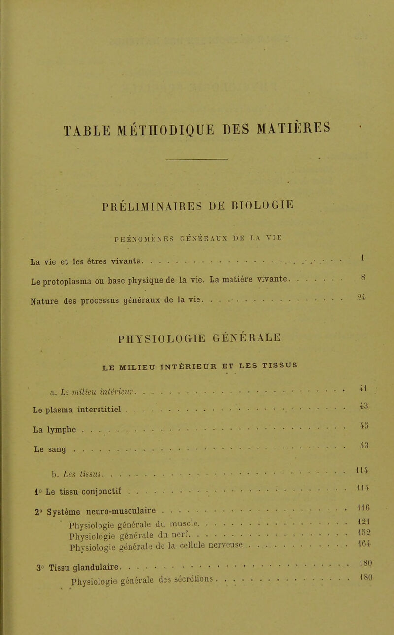 TABLE MÉTHODIQUE DES MATIÈRES PRÉLIMINAIRES DE BIOLOGIE PHÉNOMÈNES GÉNÉRAUX DE LA VIE \ La vie et les êtres vivants Le protoplasma ou base physique de la vie. La matière vivante 8 Nature des processus généraux de la vie 24 PHYSIOLOGIE GÉNÉRALE LE MILIEU INTÉRIEUR ET LES TISSUS a. Le milieu intérieur . Le plasma interstitiel La lymphe Le sang h. Les tissus 1° Le tissu conjonctii 2° Système neuro-musculaire Physiologie générale du muscle 121 Physiologie générale du nerf lî>^ Physiologie générale de la cellule nerveuse 164 1 so 3 Tissu glandulaire Physiologie générale des sécrélions. . ; • • •