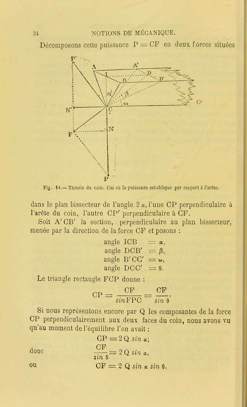 Décomposons cette puissance P = CP ea deux forces situées Fig. 14.—Théorie du coin. Cas où la puissance est oblique par rapport à l'arête. dans le plan bissecteur de l'angle 2 a, l'une GP perpendiculaire à l'arête du coin, l'autre OP' perpendiculaire à CF. Soit A'OB' la section, perpendiculaire au plan bissecteur, menée par la direction de la force CP et posons : angle lOB = «, angle DOB' = p, angle B'OC = u, angle DOC = 9. Le triangle rectangle POP donne : sin F PO s in 6 Si nous représentons encore par Q les composantes de la force OP perpendiculairement aux deux faces du coin, nous avons vu qu'au moment de l'équilibre l'on avait : GP = 2 Q siîi a; OP donc =:2Qsma, sm 9 OU OF = 2 Q sin a sin 9.