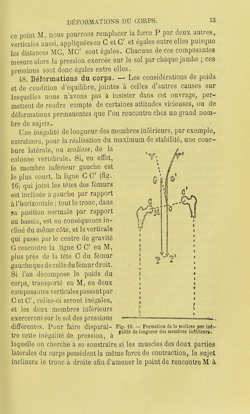 DÉFORMATIONS DU CORPS. ce point M, nous pourrons remplacer la force P par deux autres, verticales aussi, appliquées en G et G' et égales entre elles puisque les distances MG, MO' sont égales. Chacune de ces composantes mesure alors la pression exercée sur le sol par chaque jambe ; ces pressions sont donc égales entre elles. 48. Déformations du corps. — Les considérations de poids et de condition d'équiUbre, jointes à celles d'autres causes sur lesquelles nous n'avons pas à insister dans cet ouvrage, per- mettent de rendre compte de certaines attitudes vicieuses, ou de déformations permanentes que l'on rencontre chez un grand nom- bre de sujets. Une inégalité de longueur des membres inférieurs, par exemple, entraînera, pour la réalisation du maximum de stabilité, une cour- bure latérale, ou scoliose, de la colonne vertébrale. Si, en effet, le membre inférieur gauche est le plus court, la ligne G G' (fig. 16) qui joint les têtes des fémurs est inclinée à gauche par rapport à l'horizontale ; tout le tronc, dans sa position normale par rapport au bassin, est en conséquence in- cliné du même côté, et la verticale qui passe par le centre de gravité G rencontre la ligne 0 G' en M, plus près de la tête G du fémur gauche que de celle du fémur droit. Si l'on décompose le poids du corps, tratisporté en M, en deux composantes verticales passant par G et G', celles-ci seront inégales, et les deux membres inférieurs exerceront sur le sol des pressions différentes. Pour faire disparaî- Fig. de. — Formation de la scoliose par iné- . , , 7 , ralité de longueur des membres inférieurs. tre cette inégalité de pression, a laquelle on cherche à se soustraire si les muscles des deux parties latérales du corps possèdent la même force de contraction, le sujet inclinera le tronc à droite aûn d'amener le point de rencontre M à