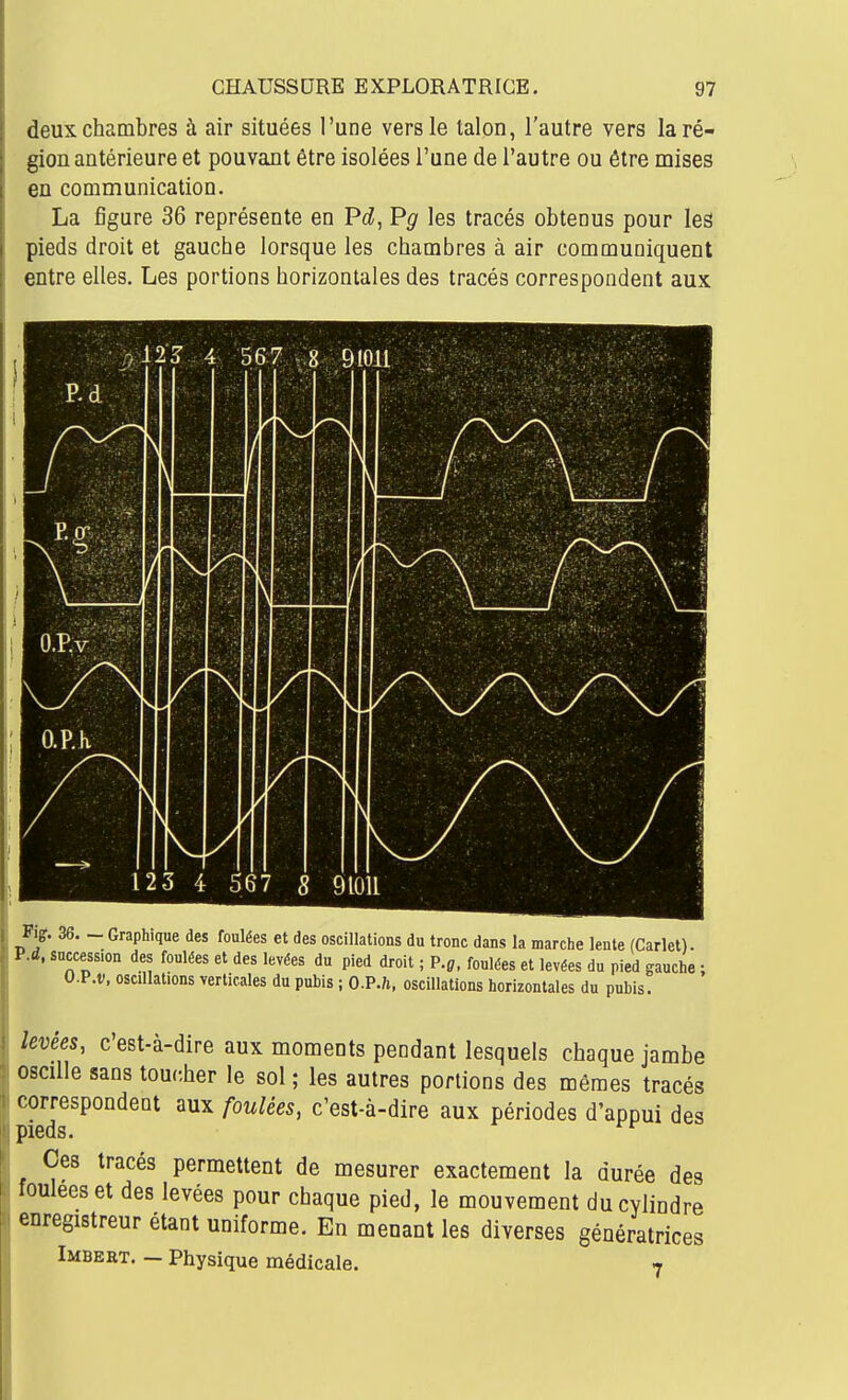 deux chambres à air situées l'une vers le talon, l'autre vers la ré- gion antérieure et pouvant être isolées l'une de l'autre ou être mises en communication. La figure 36 représente en Pd, Pg les tracés obtenus pour les pieds droit et gauche lorsque les chambres à air communiquent entre elles. Les portions horizontales des tracés correspondent aux Rd i il / 5:7 ■ 1 1 ^\y^^y\y^ O.P.K N s • ^ > 123 4 y 567 [ 910 1 Pig. 36. - Graphique des foulées et des oscillations du tronc dans la marche lente (Carlel). succession des foulées et des levées du pied droit ; P.^. foulées et levées du pied gauche : O.P.v, oscillations verticales du pubis ; 0.P.7». oscillations horizontales du pubis. levées, c'est-à-dire aux moments pendant lesquels chaque jambe oscille sans toucher le sol ; les autres portions des mêmes tracés correspondent aux foulées, c'est-à-dire aux périodes d'appui des pieds. Ces tracés permettent de mesurer exactement la durée des foulées et des levées pour chaque pied, le mouvement du cylindre enregistreur étant uniforme. En menant les diverses génératrices Imbert. - Physique médicale. 7