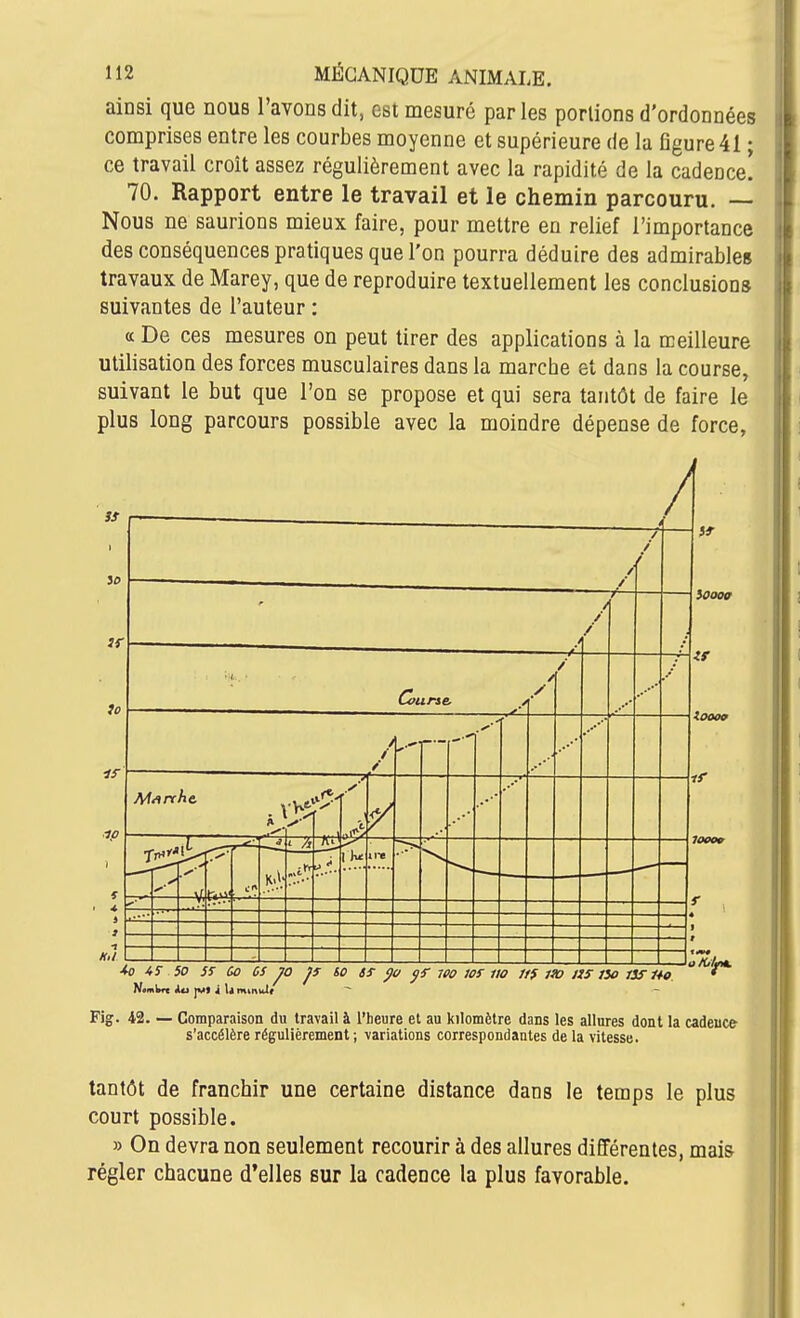 ainsi que nous l'avons dit, est mesuré parles portions d'ordonnées comprises entre les courbes moyenne et supérieure de la figure 41 • ce travail croit assez régulièrement avec la rapidité de la cadence! 70. Rapport entre le travail et le chemin parcouru. — Nous ne saurions mieux faire, pour mettre en relief l'importance des conséquences pratiques que l'on pourra déduire des admirables travaux de Marey, que de reproduire textuellement les conclusions suivantes de l'auteur : a. De ces mesures on peut tirer des applications à la meilleure utilisation des forces musculaires dans la marche et dans la course, suivant le but que l'on se propose et qui sera tantôt de faire le plus long parcours possible avec la moindre dépense de force. 3S A / / / /■ / / / / ilt,, • Course, > / / / / / Marche. y • 7 y -V. en t '/l ire i — 4 -' » N.mWrc ilu JVt 4 U minulf ^ Fig. 42. — Comparaison du travail à l'heure et au kilomètre dans les allures dont la cadence s'accélère régulièrement; variations correspondantes de la vitesse. tantôt de franchir une certaine distance dans le temps le plus court possible. » On devra non seulement recourir à des allures différentes, mais régler chacune d'elles sur la cadence la plus favorable.
