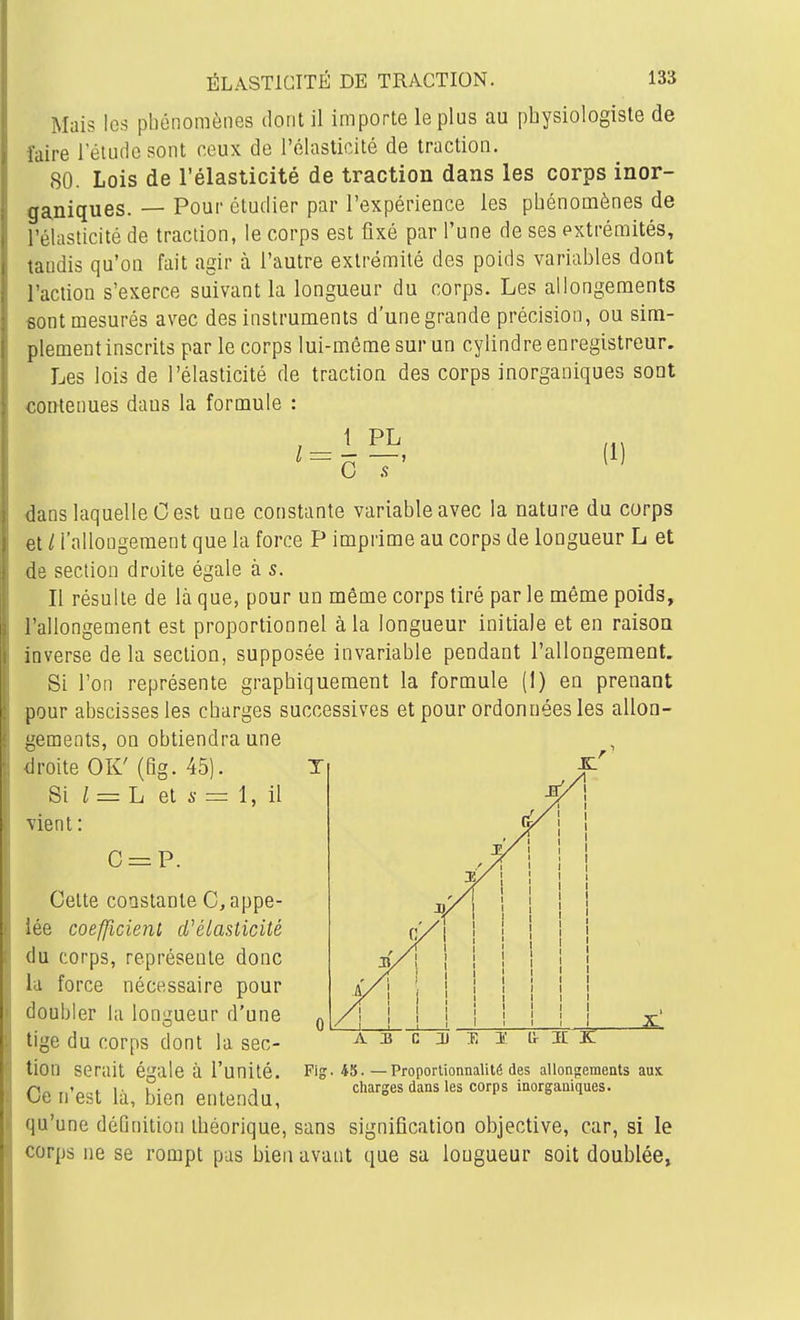 Mais les phénomènes dont il importe le plus au physiologiste de faire leludesont ceux de l'élasticité de traction. 80. Lois de l'élasticité de traction dans les corps inor- ganiques. — Pour étudier par l'expérience les phénomènes de l'élasticité de traction, le corps est fixé par l'une de ses extrémités, tandis qu'on fait agir à l'autre extrémité des poids variables dont l'action s'exerce suivant la longueur du corps. Les allongements sont mesurés avec des instruments d'une grande précision, ou sim- plement inscrits par le corps lui-même sur un cylindre enregistreur. Les lois de l'élasticité de traction des corps inorganiques sont contenues dans la formule : / — i — ~ G s ^ (1) 1, il dans laquelle 0 est une constante variable avec la nature du corps et / rallongement que la force F imprime au corps de longueur L et de section droite égale à s. Il résulte de là que, pour un même corps tiré par le même poids, l'allongement est proportionnel à la longueur initiale et en raison inverse de la section, supposée invariable pendant l'allongement. Si l'on représente graphiquement la formule (1) en prenant pour abscisses les charges successives et pour ordonnées les allon- gements, on obtiendra une droite OK' (fig. 45), Si l = 11 et 6- = vient : C = P. Cette constante C, appe- lée coefficient d^élasticité du corps, représente donc la force nécessaire pour doubler la longueur d'une tige du corps dont la sec- tion serait égale à l'unité. Ce n'est là, bien entendu, qu'une définition théorique, sans signification objective, car, si le corps ne se rompt pus bien avant que sa longueur soit doublée, AU c 2i J. J Fig. 45.—Proportionnalité des allonjrements aux cliarges dans les corps inorganiques.