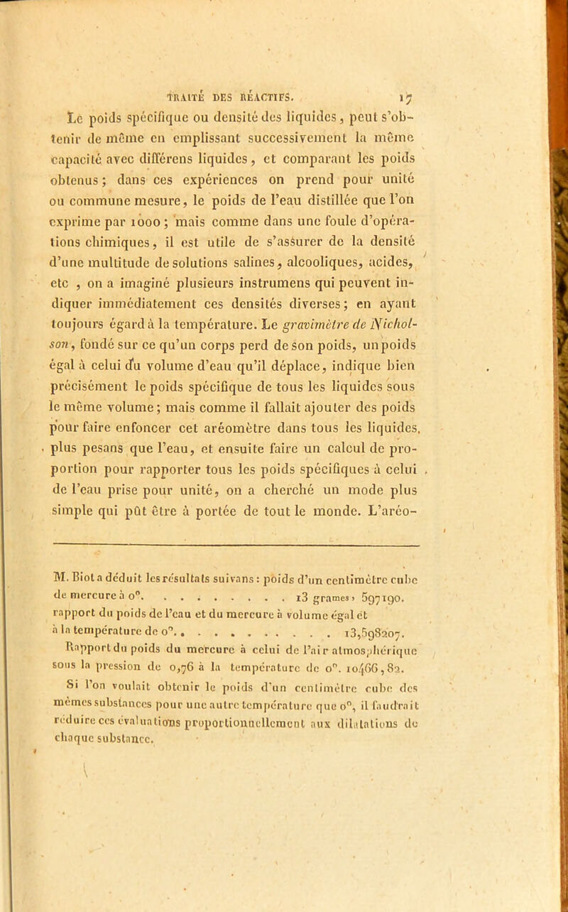 Ï.C poids spécifique ou densité dos liquides, peut s’ob- tenir de même en emplissant successivement la même capacité avec différens liquides, et comparant les poids obtenus ; dans ces expériences on prend pour unité ou commune mesure, le poids de l’eau distillée que l’on exprime par looo; mais comme dans une foule d’opéra- tions chimiques, il est utile de s’assurer de la densité d’une multitude de solutions salines , alcooliques, acides, etc , on a imaginé plusieurs instrumens qui peuvent in- diquer immédiatement ces densités diverses; en ayant toujours égard à la température. Le gravimètre de iSidiol- son, fondé sur ce qu’un corps perd de son poids, un poids égal à celui efu volume d’eau qu’il déplace, indique bien précisément le poids spécifique de tous les liquides sous le même volume; mais comme il fallait ajouter des poids pour faire enfoncer cet aréomètre dans tous les liquides, plus pesans que l’eau, et ensuite faire un calcul de pro- portion pour rapporter tous les poids spécifiques à celui de l’eau prise pour unité, on a cherché un mode plus simple qui pût être à portée de tout le monde. L’aréo- M. Biol.T déduit les résultats suivans: poids d’un centimètre cube de mercure à o iSgrames» 597190. rapport du poids de l’eau et du mercure à volume égal ét .à la température de o” 13,598207. Rapport du poids du mercure à celui de l’ai r almos;)hérique sous la pression de 0,76 à la température do o. io'j66,82. Si l’on voulait obtenir le pt>ids d'un cenlimèlrc cube des memes substances pour une autre température que o, il faudrait r<'duire ces évaluations proportionnellement aux dilulatious de chaque substance.