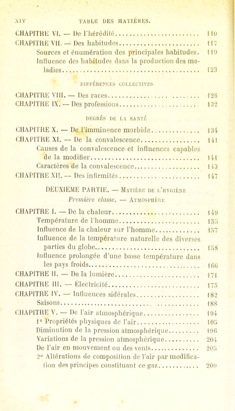 CHAPITRE VI. — De l'hérédité 140 CHAPITRE VII. — Des habitudes « 117 Sources et énumération des principales habitudes. H!) Influence des habitudes dans la production des ma- ladies 123 DIFFÉRENCES COLLECTIVES CHAPITRE VIII. — Des races 126 CHAPITRE IX. — Des professions 132 DEGRÉS DE LA SANTÉ CHAPITRE X. — De l'imminence morbide 134 CHAPITRE XI. — De la convalescence 141 Causes de la convalescence et influences capables de la modifier 141 Caractères de la convalescence 113 CHAPITRE XU. — Des infirmités 147 DEUXIÈME PARTIE. — Matière de l'hygiène Première classe. — Atmosphère CHAPITRE I. — De la chaleur 140 Température de l'homme lo.'i Influence de la chaleur sur l'homme 157 Influence de la température naturelle des diverses parties du globe Ci S Influence prolongée d'une basse température dans les pays froids (66 CHAPITRE II. — De la lumière 171 CHAPITRE III. — Electricité 17ri CHAPITRE IV. — Influences sidérales 1S2 Saisons (88 CHAPITRE V. — De l'air atmosphérique 194 1° Propriétés physiques de l'air 105 Diminution de la pression atmosphérique 1!ifi Variations de la pression atmosphérique 204 De l'air en mouvement ou des vents 205 2n Altérations de composilion de l'air par modifica- tion des principes constituanl ce gaz 200