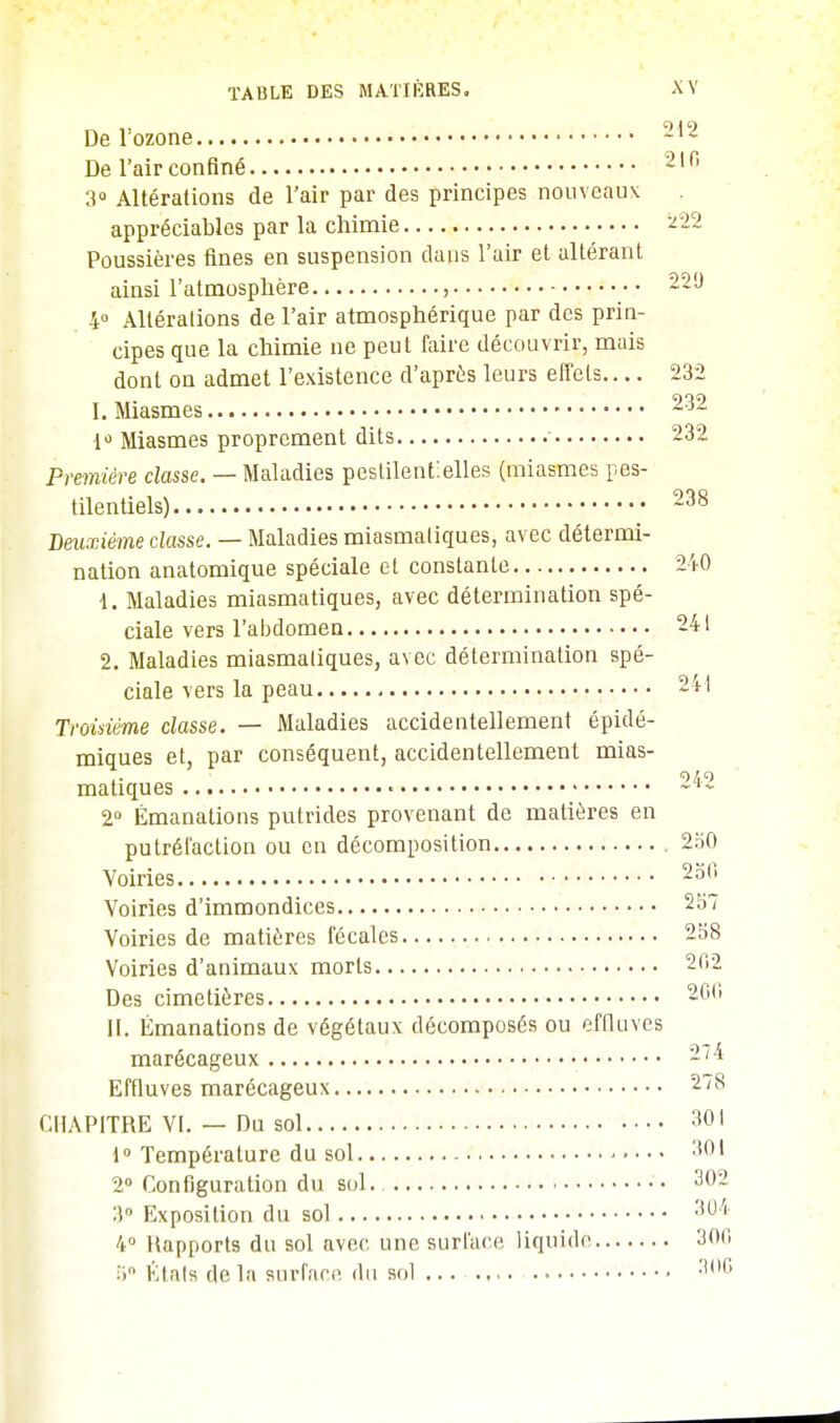 De l'ozone 212 De l'air confiné 210 3° Altérations de l'air par des principes nouveaux appréciables par la chimie 222 Poussières fines en suspension dans l'air et altérant ainsi l'atmosphère , - 229 4° Altérations de l'air atmosphérique par des prin- cipes que la chimie ne peut faire découvrir, mais dont on admet l'existence d'après leurs effets.... 232 I. Miasmes 232 1° Miasmes proprement dits 232 Première classe. — Maladies pestilentielles (miasmes pes- tilentiels) 238 Deuxième classe. — Maladies miasmatiques, avec détermi- nation anatomique spéciale et constante 240 1. Maladies miasmatiques, avec détermination spé- ciale vers l'abdomen 24l 2. Maladies miasmatiques, avec détermination spé- ciale vers la peau 241 Troisième classe. — Maladies accidentellement épidé- miques et, par conséquent, accidentellement mias- 949 matiques « ~q~ 2° Émanations putrides provenant de matières en putréfaction ou en décomposition 250 Voiries 20,1 Voiries d'immondices 257 Voiries de matières fécales 258 Voiries d'animaux morts 2f»2 Des cimetières 2<j'' II. Émanations de végétaux décomposés ou effluves marécageux Effluves marécageux 278 CHAPITRE VI. — Du sol 301 f° Température du sol 301 2° Configuration du sol. 302 3 Exposition du sol :iu'' 4° Rapports du sol avec une surface liquide 300 5° Étals de la surface du sol