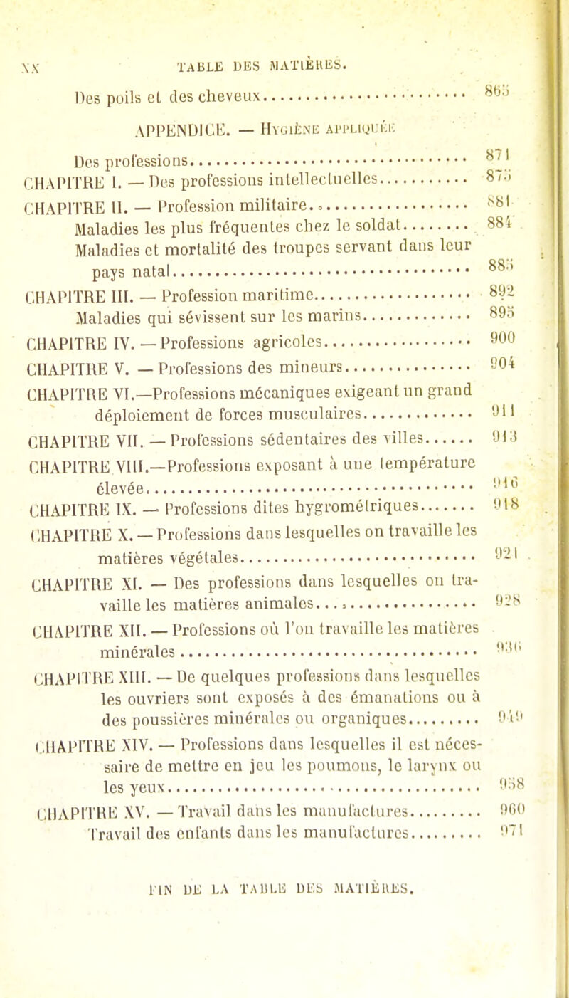 Des puils el des cheveux 865 APPENDICE. — Hygiène appliqué; Des prol'essions 8H CHAPITRE I. — Des professions intellectuelles 87.i CHAPITRE H. — Profession militaire. » ,s8l Maladies les plus fréquentes chez le soldat 88i Maladies et mortalité des troupes servant dans leur pays natal **8o CHAPITRE III. — Profession maritime 892 Maladies qui sévissent sur les marins 89.ï CHAPITRE IV. — Professions agricoles 900 CHAPITRE V. — Professions des mineurs 904 CHAPITRE VI.—Professions mécaniques exigeant un grand déploiement de forces musculaires 911 CHAPITRE VII. — Professions sédentaires des villes 913 CHAPITRE VIII.—Professions exposant à une température élevée 916 CHAPITRE IX. — Professions dites hygromélriques 91-8 CHAPITRE X. — Professions dans lesquelles on travaille les matières végétales CHAPITRE XI. — Des professions dans lesquelles ou tra- vaille les matières animales... = 928 CHAPITRE XII. — Professions où l'on travaille les matières minérales '•' CHAPITRE XIII. — De quelques professions dans lesquelles les ouvriers sont exposés à des émanations ou à des poussières minérales ou organiques 0-i'J CHAPITRE XIV. — Professions dans lesquelles il est néces- saire de mettre en jeu les poumons, le larynx ou les yeux !,.;s CHAPITRE XV. — Travail dans les manufactures 9G0 Travail des enfants dans les manufactures 971 l'IN DE LA l'A 13LIS DUS MATIÈRES.