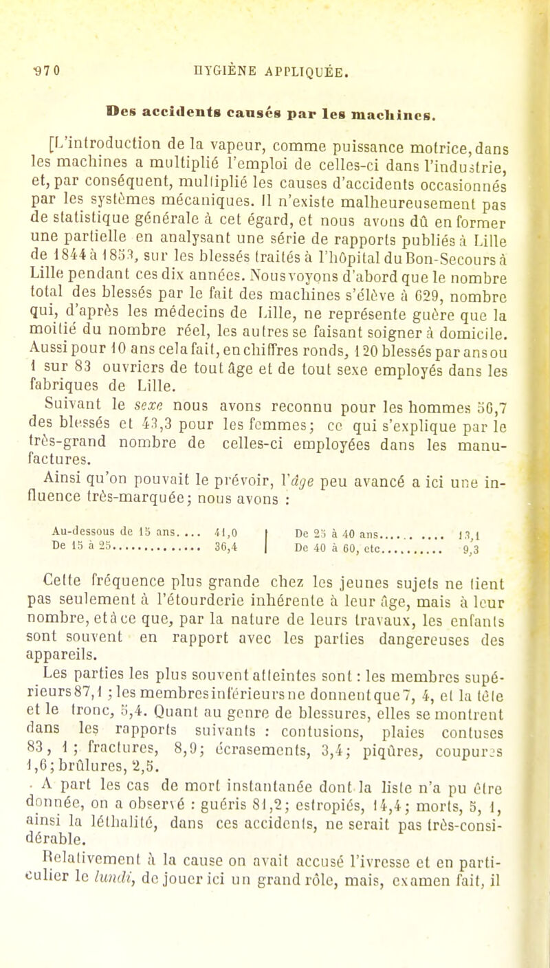 Des accidents cansés par les machines. [L'introduction de la vapeur, comme puissance motrice, dans les machines a multiplié l'emploi de celles-ci dans l'industrie, et, par conséquent, mulliplié les causes d'accidents occasionnés par les systèmes mécaniques. Il n'existe malheureusement pas de statistique générale à cet égard, et nous avons dû en former une partielle en analysant une série de rapports publiés à Lille de 1844 à 1833, sur les blessés traités à l'hôpital du Bon-Secours à Lille pendant ces dix années. Nous voyons d'abord que le nombre total des blessés par le fait des machines s'élève à G29, nombre qui, d'après les médecins de Lille, ne représente guère que la moitié du nombre réel, les autres se faisant soignera domicile. Aussi pour 10 ans cela fait, en chiffres ronds, 120 blessés par ansou 1 sur 83 ouvriers de tout âge et de tout sexe employés dans les fabriques de Lille. Suivant le sexe nous avons reconnu pour les hommes 30,7 des blessés et 43,3 pour les femmes; ce qui s'explique par le très-grand nombre de celles-ci employées dans les manu- factures. Ainsi qu'on pouvait le prévoir, Ydge peu avancé a ici une in- fluence très-marquée; nous avons : Au-dessous de 15 ans. ... 41,0 I De 25 à 40 ans 13 1 De 15 à 25 36,4 | De 40 à 60, etc ...... 9*3 Cette fréquence plus grande chez les jeunes sujets ne tient pas seulement a l'étourderie inhérente à leur âge, mais à leur nombre, etàcc que, par la nature de leurs travaux, les enfants sont souvent en rapport avec les parties dangereuses des appareils. Les parties les plus souvent atteintes sont : les membres supé- rieurs?,1 ; les membresinférieursne donnentqueT, 4, et la tôle et le tronc, 5,4. Quant au genre de blessures, elles se montrent dans les rapports suivants : contusions, plaies contuses 83, 1; fractures, 8,9; écrasements, 3,4; piqûres, coupures 1,6; brûlures, 2,5. • A part les cas de mort instantanée dont-la liste n'a pu être donnée, on a observé : guéris 81,2; estropiés, 14,4; morts, 5, I, ainsi la léthalité, dans ces accidents, ne serait pas très-consi- dérable. relativement à la cause on avait accusé l'ivresse et en parti- culier le lundi, de jouer ici un grand rôle, mais, examen fait, il