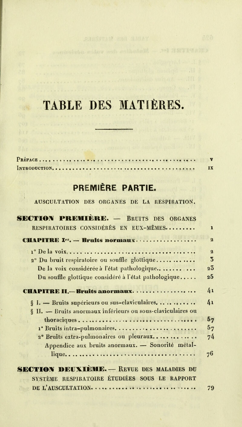 TABLE DES MATIÈRES. Préface v Introduction * ix PREMIÈRE PARTIE. AUSCULTATION DES ORGANES DE LA RESPIRATION. SECTION PREMIÈRE. — BRUITS DES ORGANES RESPIRATOIRES CONSIDÉRÉS EN EUX-MÊMES 1 CHAPITRE X. — Bruits normaux 2 i° De la voix, , 2 2° Du bruit respiratoire ou souffle glottique 3 De la voix considérée à l'état pathologique ... 23 Du souffle glottique considéré à Tétat pathologique 25 CHAPITRE II.— Bruits anormaux 41 § I. — Bruits supérieurs ou sus-claviculaires. , 4* § II. — Bruits anormaux inférieurs ou sous-claviculaires ou thoraciques , &7 i° Bruits intra-pulmonaires 57 2° Bruits extra-pulmonaires ou pleuraux 74 Appendice aux bruits anormaux. — Sonorité métal- lique 76 SECTION PEUMÈME. — REVUE DES MALADIES DU SYSTÈME RESPIRATOIRE ÉTUDIÉES SOUS LE RAPPORT DE L'AUSCULTATION 79