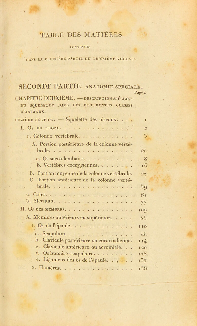 TABLE DES MATIÈRES CONTENUES DANS LA PREMIERE PARTIE DU TROISIEME VOLUME. SECONDE PARTIE, anatomie spéciale. Pages. CHAPITRE DEUXIÈME. — description spéciale DU SQUELETTE DANS LES DIFFÉRENTES CLASSES d’animadx. onzième section. — Squelette des oiseaux. ... i I. Os DU TRONC . 2 1. Colonne vertébrale 5 A. Portion postérieure de la colonne verté- brale ici. a. Os sacro-lombaire 8 b. Vertèbres coccygiennes i5 B. Portion moyenne de la colonne vertébrale. 27 C. Portion antérieure de la colonne verté- brale . 69 2. Côtes 61 5. Sternum 77 II. Os DES MEMBRES IO9 A. Membres antérieurs on supérieurs id. 1. Os de l’épaule. . . .• 110 a. Scapulum id. b. Clavicule postérieure ou coracoïdienne. 114 c. Clavicule antérieure ou acromiale. . . 120 d. Os huméro-scapulaire 128 e. Ligamens des os de l’épaule. . , . . . 137 2. Humérus. i58