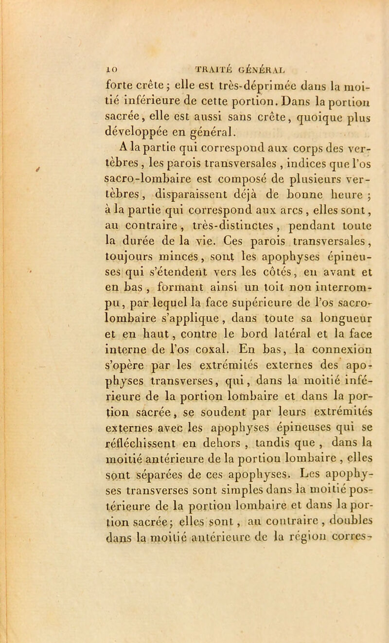 forte crête j elle est très-déprimée dans la moi- tié inférieure de cette portion. Dans la portion sacrée, elle est aussi sans crête, quoique plus développée en général. A la partie qui correspond aux corps des ver- tèbres , les parois transversales , indices que l’os sacro-lombaire est composé de plusieurs ver- tèbres, disparaissent déjà de bonne heure; à la partie qui correspond aux arcs , elles sont, au contraire, très-distinctes , pendant toute la durée de la vie. Ces parois transversales, toujours minces, sont les apophyses épineu- ses qui s’étendent vers les côtés, en avant et en bas , formant ainsi un toit non interrom- pu, par lequel la face supérieure de l’os sacro- lombaire s’applique, dans toute sa longueur et en haut, contre le bord latéral et la face interne de l’os coxal. En bas, la connexion s’opère par les extrémités externes des apo- physes transverses, qui, dans la moitié infé- rieure de la portion lombaire et dans la por- tion sacrée, se soudent par leurs extrémités externes avec les apophyses épineuses qui se réfléchissent en dehors , tandis que , dans la moitié antérieure de la portion lombaire , elles sont séparées de ces apophyses. Les apophy- ses transverses sont simples dans la moitié pos- térieure de la portion lombaire et dans la por- tion sacrée; elles sont, au contraire , doubles dans la moitié antérieure de la région corres-