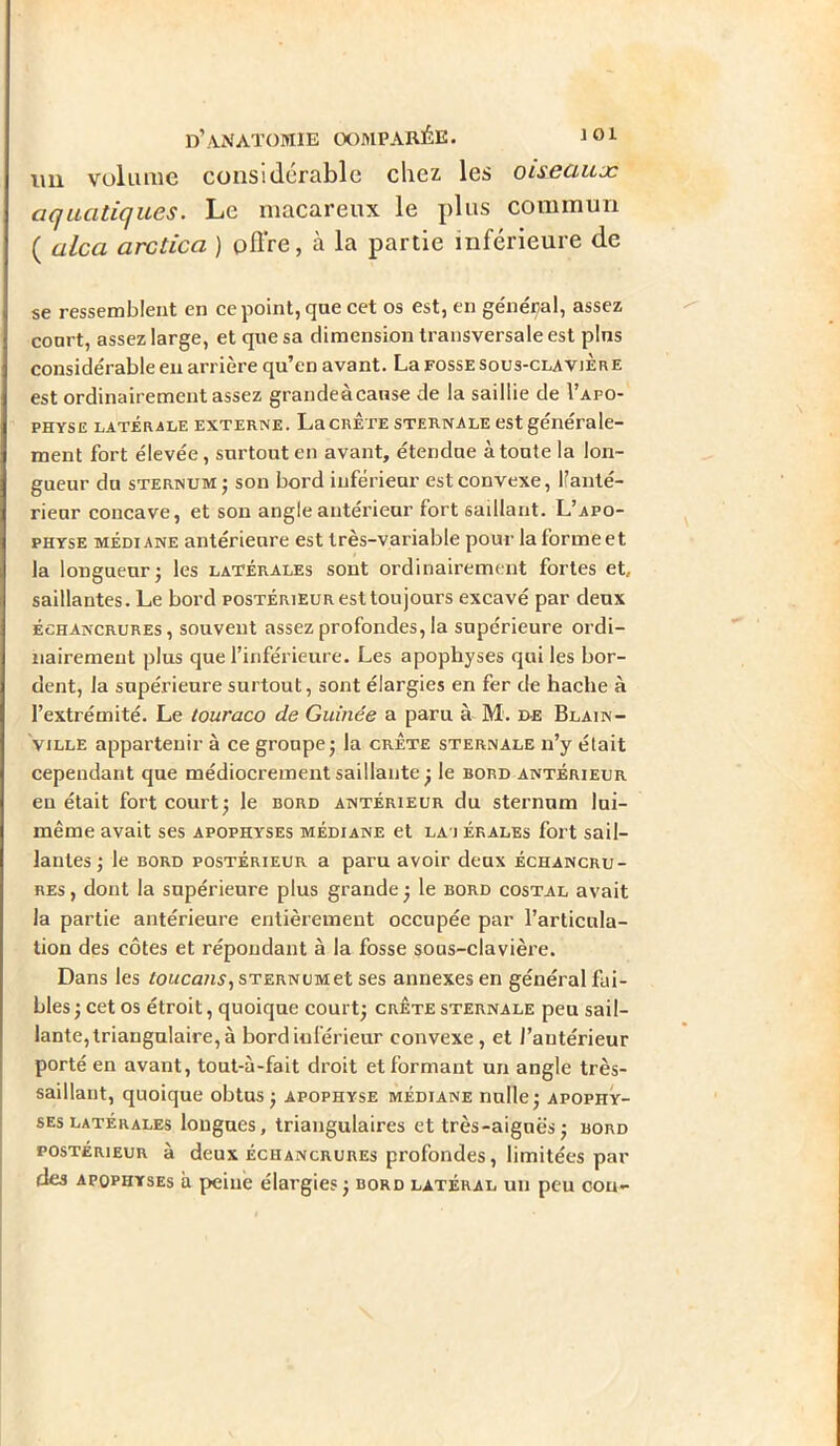 un volume considérable chez les oiseaux aquatiques. Le macareux le plus commun ( alca arctica ) pfl’re, à la partie inférieure de se ressemblent en ce point, que cet os est, en général, assez court, assez large, et que sa dimension transversale est plus considérable en arrière qu’en avant. La fosse sous-clavière est ordinairement assez grandeàcanse de la saillie de I’apo- physe latérale externe. La crete sternale est générale- ment fort élevée, surtout en avant, étendue à toute la lon- gueur du sternum; son bord inférieur est convexe, If anté- rieur concave, et son angle antérieur fort saillant. L’apo- physe médiane antérieure est très-variable pour laformeet la longueur; les latérales sont ordinairement fortes et, saillantes. Le bord postérieur est toujours excavé par deux échancrures, souvent assez profondes, la supérieure ordi- nairement plus que l’inférieure. Les apophyses qui les bor- dent, la supérieure surtout, sont élargies en fer de hache à l’extrémité. Le touraco de Guinée a paru à M. de Blain- ville appartenir à ce groupe; la crête sternale n’y était cependant que médiocrement saillante; le bord antérieur en était fort court; le bord antérieur du sternum lui- même avait ses apophyses médiane et la i érales fort sail- lantes ; le bord postérieur a paru avoir deux échancru- res , dont la supérieure plus grande ; le bord costal avait la partie antérieure entièrement occupée par l’articula- tion des côtes et répondant à la fosse sous-clavière. Dans les toucans, sternums ses annexes en général fai- bles ; cet os étroit, quoique court; crete sternale peu sail- lante, triangulaire, à bord inférieur convexe, et l’antérieur porté en avant, tout-à-fait droit et formant un angle très- saillant, quoique obtus ; apophyse médiane nulle; apophy- ses latérales longues, triangulaires et très-aiguës; bord postérieur à deux échancrures profondes, limitées par des apophyses à peine élargies ; bord latéral un peu cou-