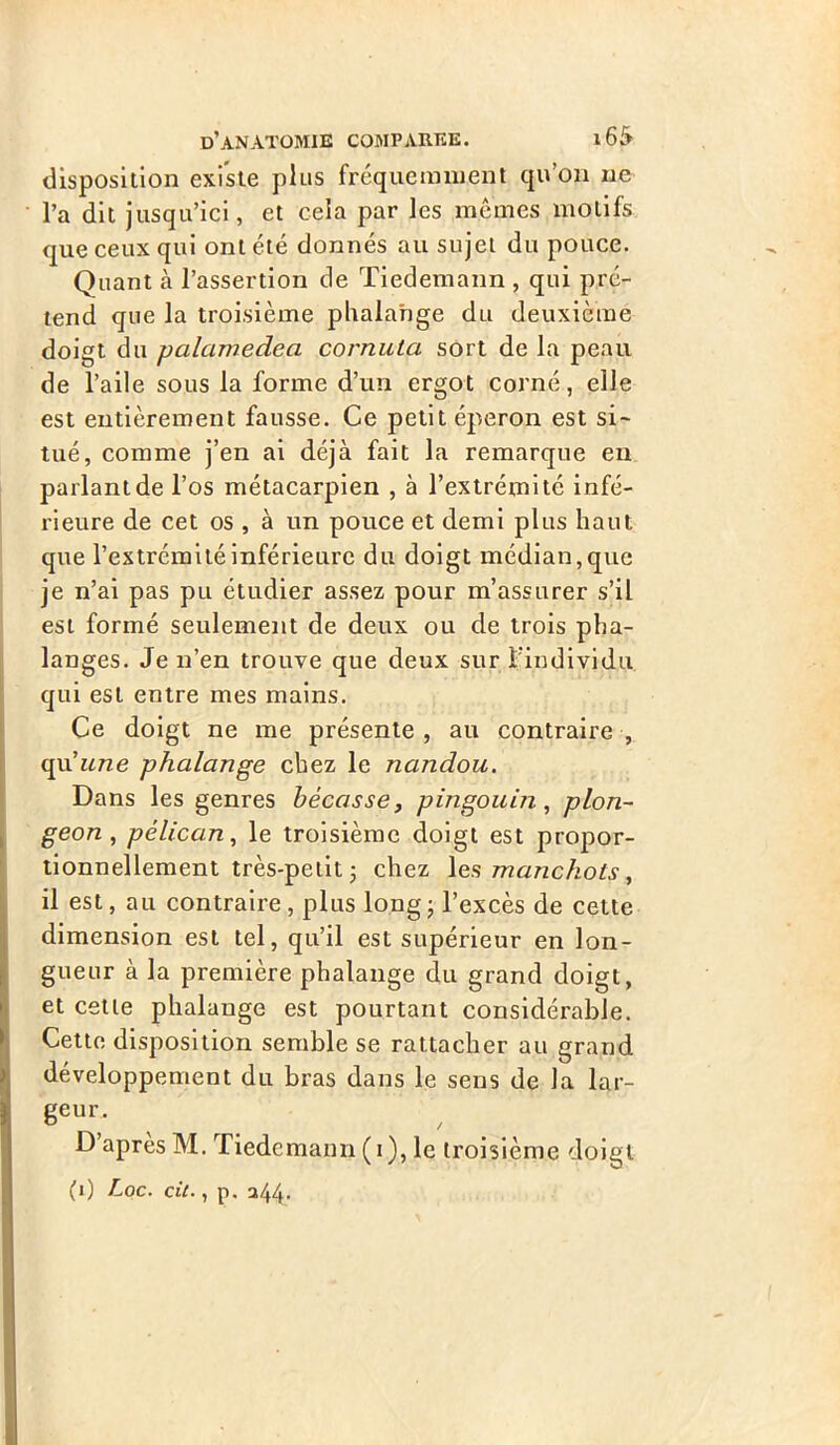 disposition existe plus fréquemment qu’on ne l’a dit jusqu’ici, et cela par les mêmes motifs que ceux qui ont été donnés au sujet du pouce. Quant à l’assertion de Tiedemann , qui pré- tend que la troisième phalange du deuxième doigt du palamedea cornuta sort de la peau de l’aile sous la forme d’un ergot corné, elle est entièrement fausse. Ce petit éperon est si- tué, comme j’en ai déjà fait la remarque en parlant de l’os métacarpien , à l’extrémité infé- rieure de cet os , à un pouce et demi plus haut que l’extrémité inférieure du doigt médian, que je n’ai pas pu étudier assez pour m’assurer s’il est formé seulement de deux ou de trois pha- langes. Je n’en trouve que deux sur l’individu qui est entre mes mains. Ce doigt ne me présente , au contraire , qu'une phalange chez le nandou. Dans les genres bécasse, pingouin, plon- Sgeon , pélican, le troisième doigt est propor- tionnellement très-petit ; chez les manchots, il est, au contraire, plus long • l’excès de cette dimension est tel, qu’il est supérieur en lon- gueur à la première phalange du grand doigt, et cette phalange est pourtant considérable. Cette disposition semble se rattacher au grand développement du bras dans le sens de la lar- geur, D apres M. Tiedemann (i), le troisième doigt