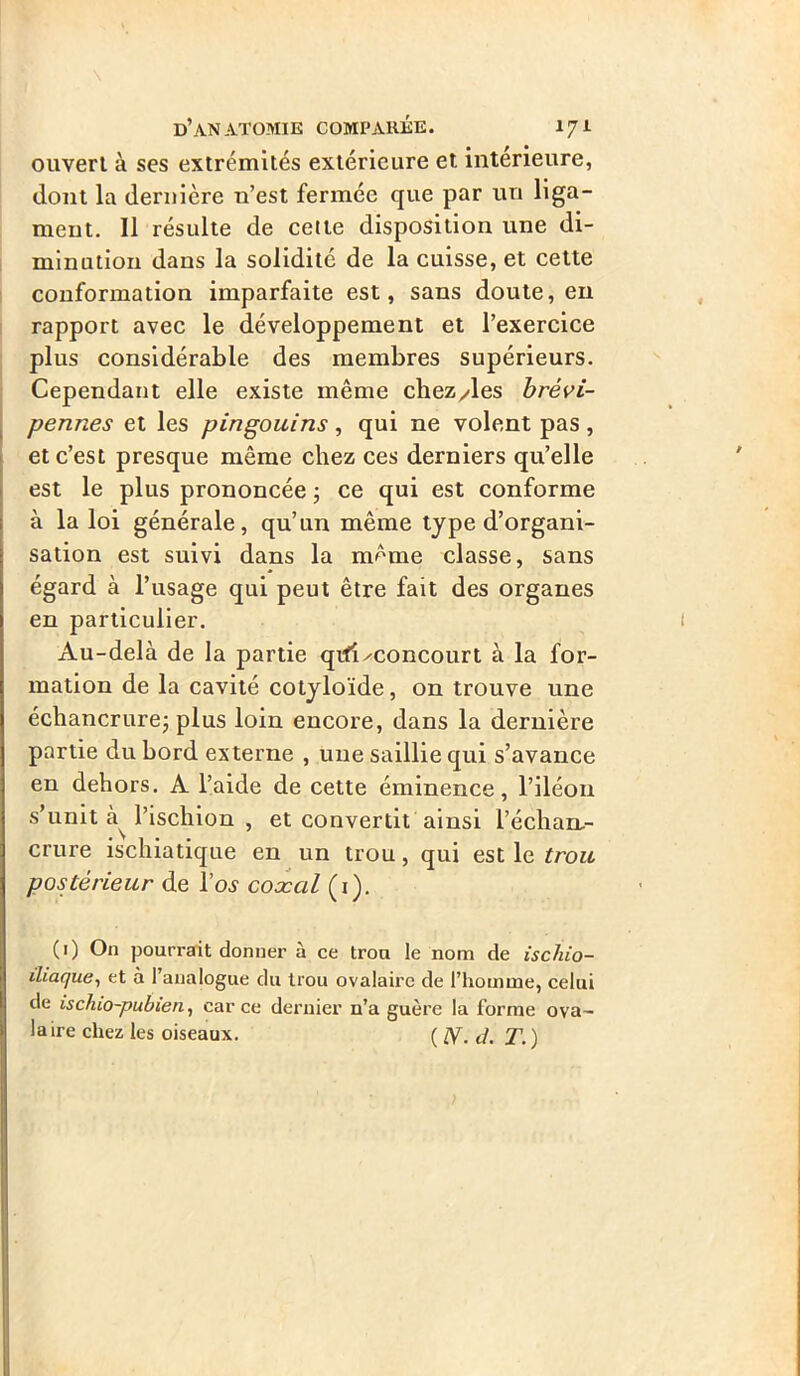 ouvert à ses extrémités extérieure et intérieure, dont la dernière n’est fermée que par un liga- ment. Il résulte de cette disposition une di- minution dans la solidité de la cuisse, et cette conformation imparfaite est, sans doute, en rapport avec le développement et l’exercice plus considérable des membres supérieurs. Cependant elle existe même cliez/les brévi- pennes et les pingouins , qui ne volent pas , et c’est presque même chez ces derniers qu’elle est le plus prononcée ; ce qui est conforme à la loi générale, qu’un même type d’organi- sation est suivi dans la même classe, sans égard à l’usage qui peut être fait des organes en particulier. Au-delà de la partie qrrt/concourt à la for- mation de la cavité cotyloïde, on trouve une échancrure; plus loin encore, dans la dernière partie du bord externe , une saillie qui s’avance en dehors. A l’aide de cette éminence, l’iléon s’unit l’ischion , et convertit ainsi l’échan,- crure ischiatique en un trou, qui est le trou postérieur de I’oa coxal (1). (1) On pourrait donner à ce trou le nom de ischio- iliaque, et à l’analogue du trou ovalaire de l’homme, celui de ischio-pubieti, car ce dernier n’a guère la forme ova- laire chez les oiseaux. ( /y . d. T. )