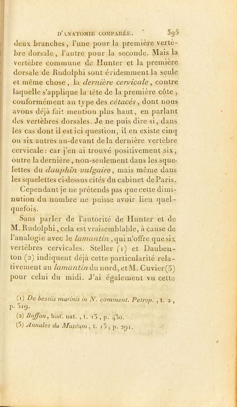 deux, branches, l'une pour la première vertè- bre dorsale , l’autre pour la seconde. Mais la vertèbre commune de Hunter et la première dorsale de Rudolphi sont évidemment la seule et même chose, la dernière cervicale, contre laquelle s’applique la tète de la première côte , conformément au type des cétacés, dont nous avons déjà fait mention plus haut, eu parlant des vertèbres dorsales. Je ne puis dire si, dans les cas dont il est ici question, il en existe cinq ou six autres au-devant delà dernière vertèbre cervicale: car j’en ai trouvé positivement six, outre la dernière, non-seulement dans les sque- lettes du dauphin vulgaire, mais même dans les squelettes ci-dessus cités du cabinet de Paris. Cependant je ne prétends pas que cette dimi- nution du nombre ne puisse avoir lieu quel - quefois. Sans parler de l’autorité de Hunter et de M. Rudolphi, cela est vraisemblable, à cause de l’analogie avec le lamantin , qui n’offre que six vertèbres cervicales. Steller (i) et Dauben- ton (2) indiquent déjà cette particularité rela- tivement au lamantin du nord, etM. Cuvier(5) pour celui du midi. J’ai également vu cette (1) De bestiis mariais in N. comment. Petrop. , t. 2 , P- 5j9- (2) Buffon, liist. nat. , t. i5 , p. 43o.