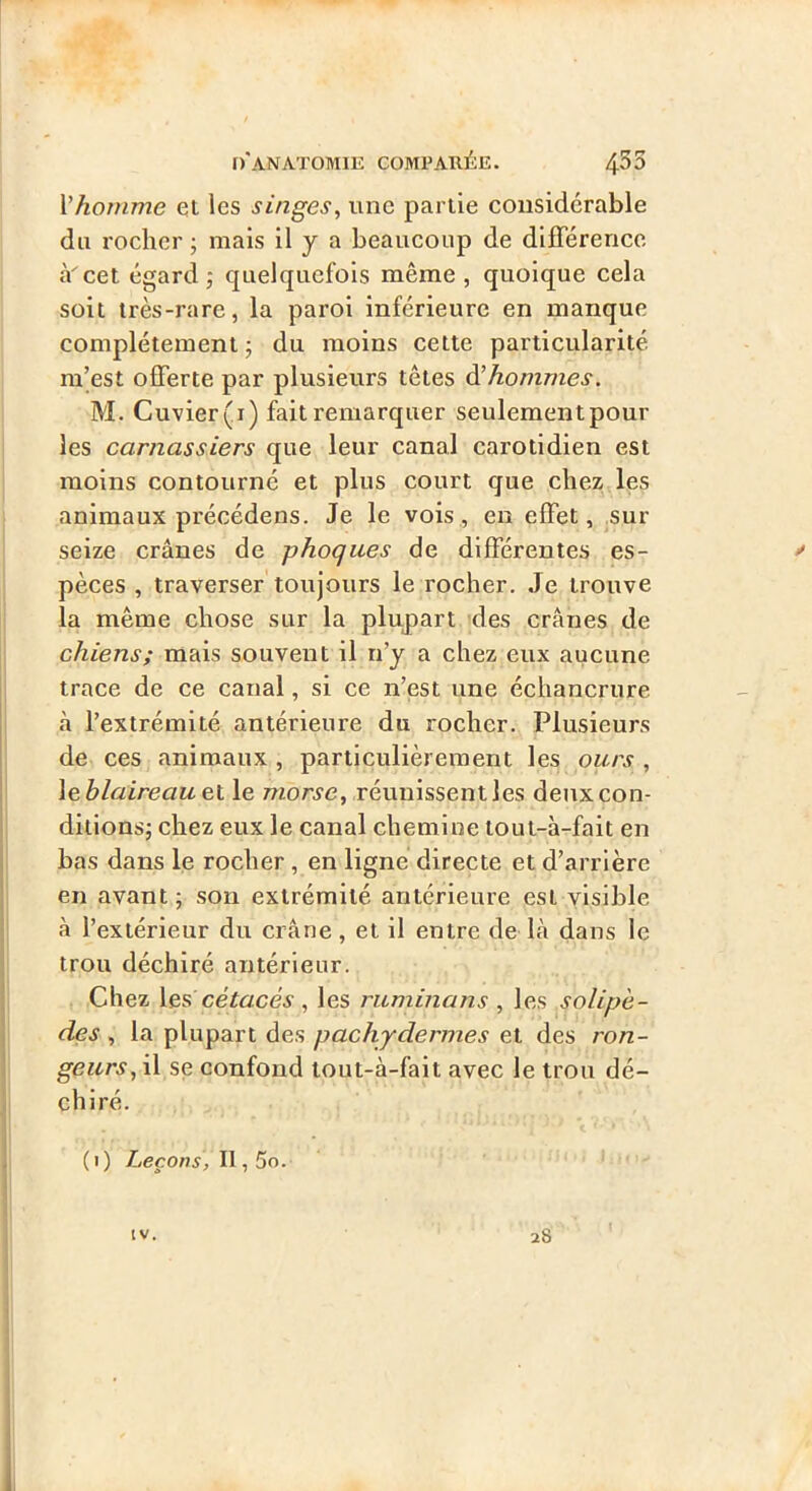 Vhomme et les singes, une partie considérable du rocher ; mais il y a beaucoup de difTérence à cet égard ; quelquefois même , quoique cela soit très-rare, la paroi inférieure en manque complètement ; du moins cette particularité m’est offerte par plusieurs têtes à’hommes. M. Cuvier (i) fait remarquer seulement pour les carnassiers que leur canal carotidien est moins contourné et plus court que chez les animaux précédons. Je le vois , en effet,,sur seize crânes de -phoques de différentes es- * pèces , traverser toujours le rocher. Je trouve la même chose sur la plupart des crânes de chiens; mais souvent il n’y a chez eux aucune trace de ce canal, si ce n’est une échancrure à l’extrémité antérieure du rocher. Plusieurs de ces animaux, particulièrement les ours , \eblaireau et le morse, réunissent les denxcon- ditionsj chez eux le canal chemine toul-à-fait en bas dans le rocher , en ligne directe et d’arrière en avant ; son extrémité antérieure est yisible à l’extérieur du crâne, et il entre de là dans le trou déchiré antérieur. Chez cétacés , les ruminans , les soliph- des , la plupart des pachydermes et des ron- geurs,\\ se confond tout-à-fait avec le trou dé- chiré. (i) Leçons, II, 5o. • IV. 28