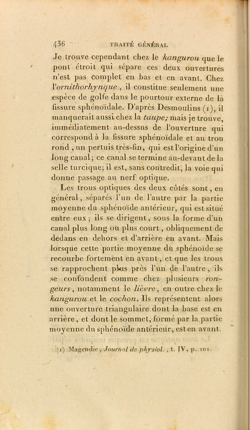 Je trouve cependant chez le kanguroit pont étroit qui sépare ces deux ouvertures n’est pas complet en bas et en avant. Cliez Vornithorhynque , il constitue seulement une espèce de golfe dans le pourtour externe de la fissure sphénoïdale. D’après Desmoulins fi), il manquerait aussi chez la taupe; mais je trouve, immédiatement au-dessus de l’ouverture qui correspond à la fissure sphénoïdale et au trou rond ,un pertuis très-fin, qui est l’origine d’un long canal ; ce canal se termine au-devant de la selle turciquej il est, sans contredit, la voie qui donne passage au nerf optique. Les trous optiques des deux côtés sont, en général, séparés l’un de l’autre par la partie moyenne du sphénoïde antérieur, qui est situé entre eux; ils se dirigent, sous la forme d’un canal plus long ou plus court, obliquement de dedans en dehors et d’arrière en avant. Mais lorsque cette partie moyenne du sphénoïde se recourbe fortement en avant, et que les trous se rapprochent pkis près l’un de l’autre , ils se confondent comme chez plusieurs ron- geurs, notamment le lievre, en outre chez le kangurou et le cochon. Ils représentent alors une ouverture triangulaire dont la base est en arrière, et dont le sommet, formé par la partie moyenne du sphénoïde antérieur, est en avant. (r) Magendie , de physiol. , t. IV, p. loi.