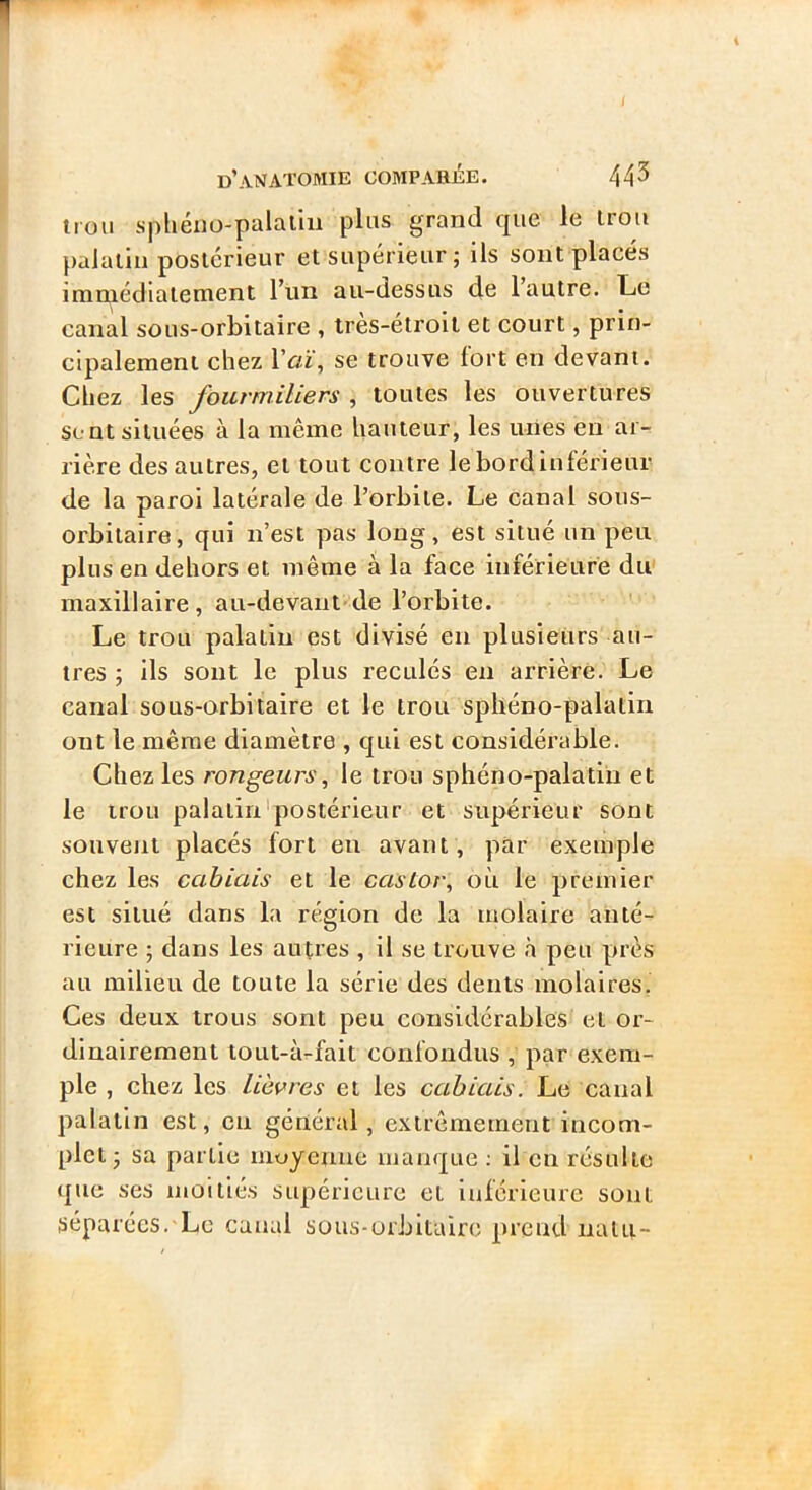 irou sphéno-palalhi plus grand que le trou palatin postérieur et supérieur; ils sont placés immédiatement l’un au-dessus de l’autre. Lie canal sous-orbitaire , tres-étroil et court, prin- cipalement chez \'o.ï, se trouve fort en devant. Chez les fourmiliers , toutes les ouvertures sont situées à la même hauteur, les unes eu ar- rière des autres, et tout contre lebordinféi'ieur de la paroi latérale de l’orbite. Le canal sous- orbitaire, qui n’est pas long, est situé un peu plus en dehors et même à la face inférieure du maxillaire, au-devant-de l’orbite. Le trou palatin est divisé en plusieurs au- tres ; ils sont le plus reculés en arrière. Le canal sous-orbitaire et le trou sphéno-palatin ont le même diamètre , qui est considérable. Chez les rongeurs, le trou sphéno-palatin et le trou palatin'postérieur et supérieur sont souvent placés fort en avant, par exemple chez les cabiais et le castor, où le premier est situé dans la région de la utolaire anté- rieure ; dans les autres , il se trouve à peu près au milieu de toute la série des dents molaires, Ces deux trous sont peu considérables et or- dinairement tOLit-à-fait confondus , par exem- ple , chez les liùpres et les cabiais. Le canal palatin est, en général, extrêmement incom- plet; sa partie moyenne manque ; il en résulte (|ue ses moitiés supérieure et inférieure sont séparées. Le canal sous-orbitaire prend iiatu-