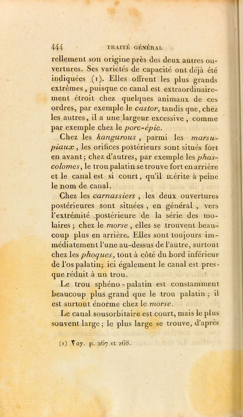 rellemeut son origine près des deux autres ou- vertures. Ses variétés de capacité ont déjà été indiquées (i). Elles offrent les plus grands extrêmes , puisque ce canal est extraordinaire- ment étroit chez quelques animaux de ces ordres, par exemple le castor, tandis que, chez les autres, il a unedargeur excessive , comme par exemple chez le porc-épic. Chez les kangurous , parmi les marsu- piaux , les orifices postérieurs sont situés fort en avant; chez d’autres, par exemple les phas- colomes, le trou palatin se trouve fort en arrière et le canal est si court, qu’il mérite à peine le nom de canal. Chez les carnassiers , les deux ouvertures postérieures sont situées , en général , vers l'extrémité postérieure de la série des mo- laires ; chez le morse , elles se trouvent beau- coup plus en arrière. Elles sont toujours im- médiatement l’une au-dessus de l’autre, surtout chez les phoques, tout à côté du bord inférieur de l’os palatin; ici également le canal est pres- que réduit à un trou. Le trou sphéno-palatin est constamment beaucoup plus grand que le trou palatin ; il est surtout énorme chez le morse. Le canal sousorbltaire est court, mais le plus souvent large; le plus large se trouve, d’après (i) Toy. p. 267 et 268.