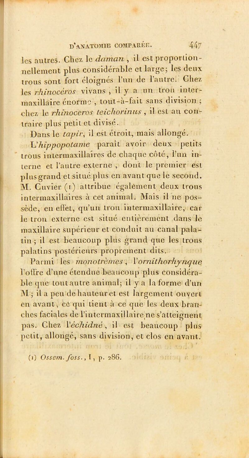 les autres. Chez le daman , il est proporllon- ncllemcnt plus considérable et large j les deux trous sont fort éloignés Tun de l’autre. Chez les 7'hinoccros vivans ^ il y a nn trou intei- niaxillàire énorme , tout-a-faii sans division 5 chez le rhinocéros teichorinns , il est au con^ traire plus petit et divisé. Dans le tapir, il est étroit, mais allongé, hippopotame paraît avoir deux petits ' trous intermaxillalres de chacpie côté, l’im in- terne et l’autre externe , dont le premier est plus grand et situé plus en avant que le second. M. Cuvier (1) attribue également deux trous intermaxillaires à cet animal. Mais U ne pos- sède, en effet, qu’un trou Intermaxillaire, car le trou externe est situé entièrement dans le maxillaire supérieur et conduit au canal pala- tin ; il est beaucoup plus grand que les trous palatins postérieurs proprement dits. Parmi les monotremes, \ornilhorhjnqiie l’offre d’une étendue beaucoup plus considéra- ble que tout autre animal; il y a la forme d’un M ; il a peu de hauteur et est largement ouvert en avant, ce qui tient à ce que les deux bran- ches faciales de l’intermaxillaireme s’atteignent pas. Chez Véchidné, il est beaucoup plus petit, allongé, sans division, et clos en avant. (i) Ossam.ybss., I, p. 286.