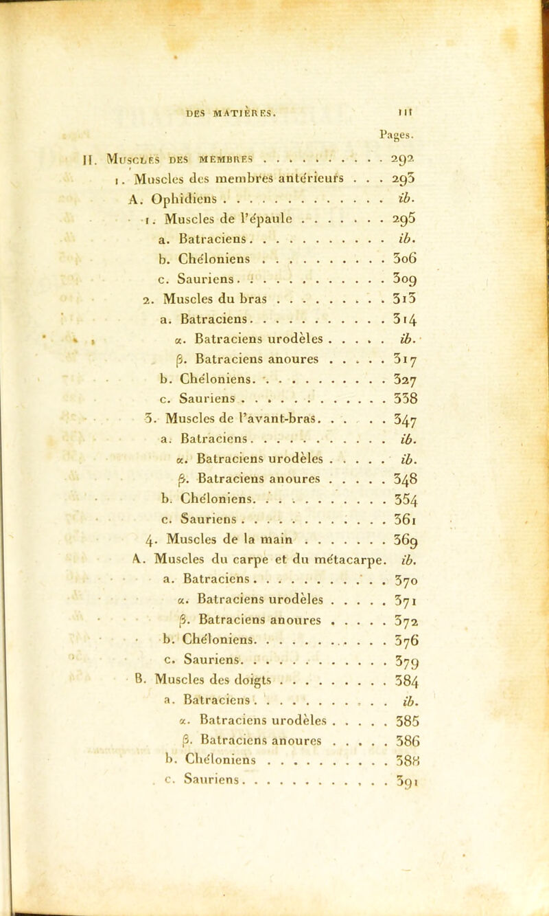 DES MATIÈRES. lit Pages. |[. Muscdes des membres 29?. I. Muscles des membres antérieurs . . . 295 A. Ophidiens ib. ■r. Muscles de l’e'paule 29$ a. Batraciens ib. b. Che'loniens 5o6 c. Sauriens. J Sog 2. Muscles du bras 3i3 a. Batraciens 314 , «. Batraciens urodèles ib.- [3. Batraciens anoures 317 b. Che'loniens. ' 327 c. Sauriens 358 5. Muscles de l’avant-bras 347 a. Batraciens ib. «. Batraciens urodèles ib. Batraciens anoures 348 b; Che'loniens 354 c. Sauriens 36i 4. Muscles de la main 369 A. Muscles du carpe et du me'tacarpe. ib. • • a. Batraciens ' . . 570 cc. Batraciens urodèles 371 '3. Batraciens anoures 372 b. Chéloniens 376 c. Sauriens 379 B. Muscles des doigts 384 a. Batraciens . . ib. a. Batraciens urodèles 385 p. Batraciens anoures 386 b. Che'loniens 58B . c. Sauriens . . 3qt