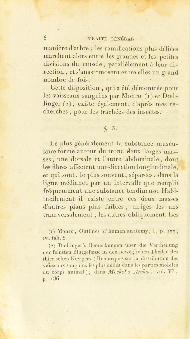 manière d’arbre 3 les ramifications plus déliées marchent alors entre les grandes et les petites divisions du muscle, parallèlement à leur di- rection , et s’anastomosent entre elles un grand nombre de fois. Cette disposition , qui a été démontrée pour les vaisseaux sanguins par Monro (i) et Dœl- linger(2), existe également, d’après mes re- cherches , pour les trachées des insectes. §. 3. Le plus généralement la substance muscu- laire forme autour du tronc deux larges mas- ses , une dorsale et l’autre abdominale, dont les fibfes affectent une-direction longitudinale, et qui sont, le plus souvent, séparées, dans la ligne médiane, par un intervalle que remplit fréquemment une substance tendineuse. Habi- tuellement il existe entre ces deux masses d’autres plans plus faibles , dirigés les uns transversalement, les autres obliquement. Les (1) Monro, Oiitlines of liuman anatomy, I, p. 177, IV,tab. 5. (2) Dœlllnger’s Bcmerkungen über die VerÜieilung der fcinsLen Blulgefæsse in den beAvcglichcn Thcileu des ihierisclicn Kœrpcrs ( Remarques sur la distribution des vaisseaux sanguins les plus dc'lic's dans les parties mobiles du corps animal ) 3 dans MecheVs Arcliiv, vol. VI , p. 186.