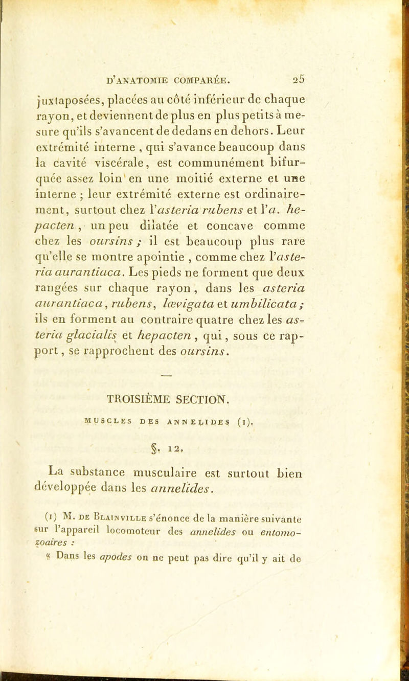 juxtaposées, placées au côté inférieiii' de chaque rayon, et deviennent de plus en plus petits à me- sure qu’ils s’avancent de dedans en dehors. Leur extrémité interne , qui s’avance beaucoup dans la cavité viscérale, est communément hifur- quée assez loin'en une moitié externe et une interne ; leur extrémité externe est ordinaire- ment, surtout chez Vusteria rubens et Va. he~ pacten , un peu dilatée et concave comme chez les oursins ; il est beaucoup plus rare qu’elle se montre apoinlie , comme chez Vaste- ria aurantiuca. Les pieds ne forment que deux rangées sur chaque rayon, dans les asteria aurantiaca, rubens, lœvigata et umbilicata ; ils en forment au contraire quatre chez les as- teria glacialis^ et hepacten, qui, sous ce rap- port , se rapprochent des oursins. TROISIÈME SECTION. MUSCLES DES ANNELIDES (l). §. 12. La substance musculaire est surtout bien développée dans les annelicles. (i) M. DE Blainville s’énonce de la manière suivante sur 1 appareil locomoteur des annelides ou entomo- zoaires : « Dans les apodes on ne peut pas dire qu’il y ait do