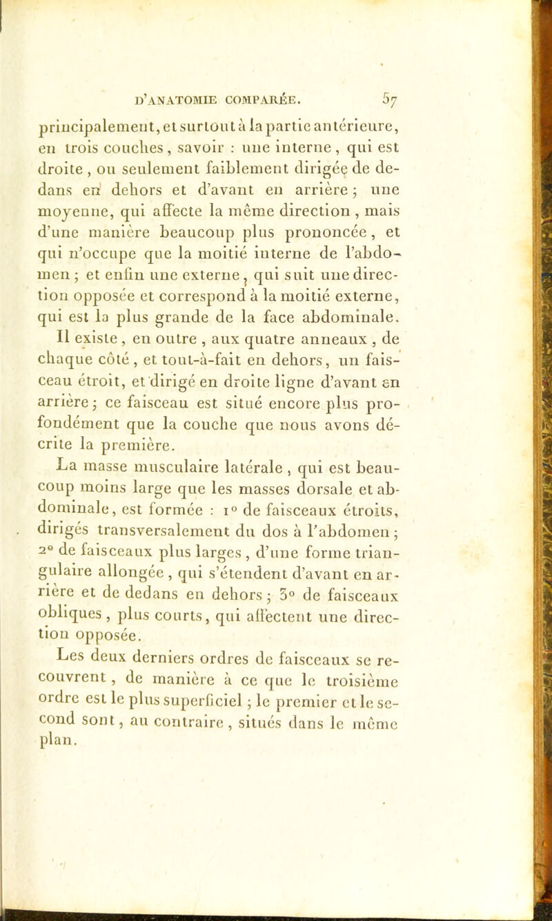 principalement, et surtout à la partie antérieure, en trois couches, savoir : une interne, qui est droite , ou seulement faiblement dirigée de de- dans en' dehors et d’avant en arrière ; une moyenne, qui affecte la même direction , mais d’une manière beaucoup plus prononcée, et qui n’occupe que la moitié interne de l’abdo- men ; et enfin une externe ^ qui suit une direc- tion opposée et correspond à la moitié externe, qui est la plus grande de la face abdominale. Il existe , en outre , aux quatre anneaux , de chaque côté , et tout-à-fait en dehors, un fais- ceau étroit, et dirigé en droite ligne d’avant en arrière j ce faisceau est situé encore plus pro- fondément que la couche que nous avons dé- crite la première. La masse musculaire latérale , qui est beau- coup moins large que les masses dorsale et ab- dominale, est formée : 1° de faisceaux étroits, dirigés transversalement du dos à l’abdomen; 2® de faisceaux plus larges , d’une forme trian- gulaire allongée , qui s’étendent d’avant en ar- rière et de dedans en dehors; 5° de faisceaux obliques, plus courts, qui alfectent une direc- tion opposée. Les deux derniers ordres de faisceaux se re- couvrent , de manière à ce que le troisième ordre est le plus superficiel ; le premier et le se- cond sont, au contraire, situés dans le même plan.