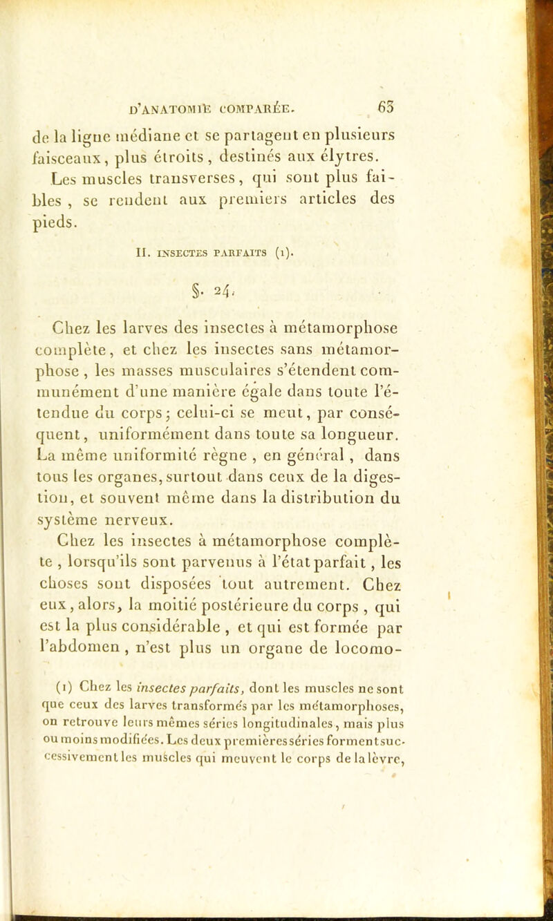 de la ligne médiane ei se pariagent en plusieurs faisceaux, plus étroits, destinés aux élyires. Les muscles iransverses, qui sont plus fai- blés , se rendent aux premiers articles des pieds. II. INSECTES PABFAITS (l). §• 24, Chez les larves des insectes à métamorphose complète, et chez les insectes sans métamor- phose, les masses musculaires s’étendent com- munément d’une manière égale dans toute l’é- tendue du corpsj celui-ci se meut, par consé- quent, uniformément dans toute sa longueur, La même uniformité règne , en général , dans tous les organes, surtout dans ceux de la diges- tion, et souvent même dans la distribution du système nerveux. Chez les insectes à métamorphose complè- te , lorsqu’ils sont parvenus à l’état parfait, les choses sont disposées tout autrement. Chez eux, alors, la moitié postérieure du corps , qui est la plus considérable , et qui est formée par l’abdomen , n’est plus un organe de loconio- (i) Chez les insectes parfaits, dont les muscles ne sont que ceux des larves Iransforme's par les me'lamorplioses, on retrouve leurs mêmes séries longitudinales, mais ^ilus ou moins modifiées. Les deux prcmièrcssérics formentsuc- cessivement les muscles qui meuvent le corps de la lèvre.