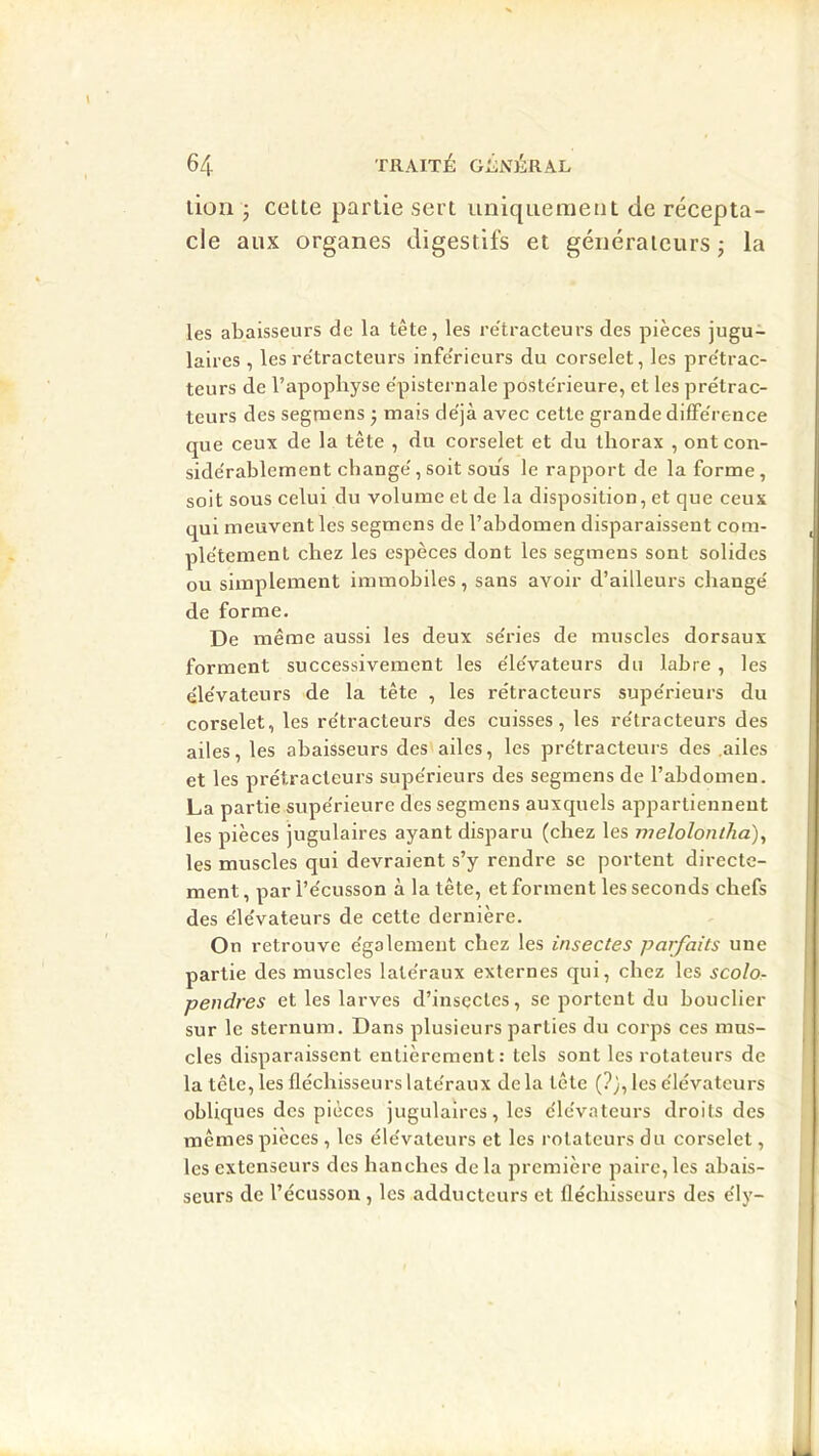 lion j cette partie sert uniqueraeiit de récepta- cle aux organes digestifs et générateurs ; la les abaisseurs de la tête, les re'tracteurs des pièces jugu- laires , les re'tracteurs infe'ricurs du corselet, les pre'trac- teurs de l’apophyse e'pisternale poste'rieure, et les prétrac- teurs des segraens -, mais de'jà avec cette grande dilFe'rence que ceux de la tête , du corselet et du thorax , ont con- side'rablement change', soit sous le rapport de la forme, soit sous celui du volume et de la disposition, et que ceux qui meuvent les segmens de l’abdomen disparaissent com- ple'temenl chez les espèces dont les segmens sont solides ou simplement immobiles, sans avoir d’ailleurs changé de forme. De même aussi les deux séries de muscles dorsaux forment successivement les élévateurs du labre , les élévateurs de la tête , les rétracteurs supérieurs du corselet, les rétracteurs des cuisses, les rétracteurs des ailes, les abaisseurs des'ailes, les prétracteurs des .ailes et les prétracteurs supérieurs des segmens de l’abdomen. La partie supérieure des segmens auxquels appartiennent les pièces jugulaires ayant disparu (chez les melolonlha)^ les muscles qui devraient s’y rendre se portent directe- ment , par l’écusson à la tête, et forment les seconds chefs des élévateurs de cette dernière. On retrouve également chez les insectes parfaits une partie des muscles latéraux externes qui, chez les scolo- pendres et les larves d’insçctcs, se portent du bouclier sur le sternum. Dans plusieurs parties du corps ces mus- cles disparaissent entièrement: tels sont les rotateurs de la tête, les fléchisseurs latéraux de la tête (?}, les élévateurs obliques des pièces jugulaires, les élévateurs droits des mêmes pièces , les élévateurs et les rotateurs du corselet, les extenseurs des hanches de la première paire, les abais- seurs de l’écusson, les adducteurs et fléchisseurs des ély-