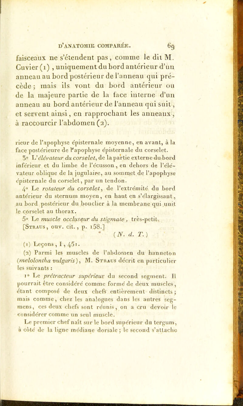 faisceaux ne s’étendent pas, comme le dit M. Cuvier (i) , uniquement du bord antérieur d’un anneau au bord postérieur de l’anneau qui pré- cède ; mais ils vont du bord antérieur ou de la majeure partie de la face interne d’im anneau au bord antérieur de l’anneau qui suit, et servent ainsi, en rapprochant les anneaux, à raccourcir l’abdomen (2). rieur de l’apophyse e'pisternale moyenne, en avant, à la face posle'rieure de l’apophyse e'pisternale du corselet. 5? élévateur du corselet^ de la partie externe du bord infe'rieur et du limbe de l’e'cusson , en dehors de l’e'le'- vateur oblique de la jugulaire, au sommet de l’apophyse e'pisternale du corselet, par un tendon. 4° Le rotateur du corselet^ de l’extiemite' du bord ante'rieur du sternum moyen, en haut en s’e'largissant, au bord poste'rieur du bouclier à la membrane qui unit le corselet au thorax. 5° Le muscle occluseur du stigmate, très-petit, [Straus, ouv. cit., p. i58.] ‘ {N. d. T.) (1) Leçons , 1,45i. (2) Parmi les muscles de l’abdomen du hanneton (melolontha vulgaris)-, M. Straus décrit en particulier les suivants : I» Le prétracteur supérieur du second segment. Il pourrait être conside're' comme forme' de deux muscles, étant composé de deux cheft entièrement distincts j mais comme, chez les analogues dans les autres seg- raens, ces deux chefs sont réunis, on a cru devoir le considérer comme un seul muscle. Le premier chef na'it sur le bord supérieur du tergum, à côté de la ligne médiane dorsale ; le second s’attache