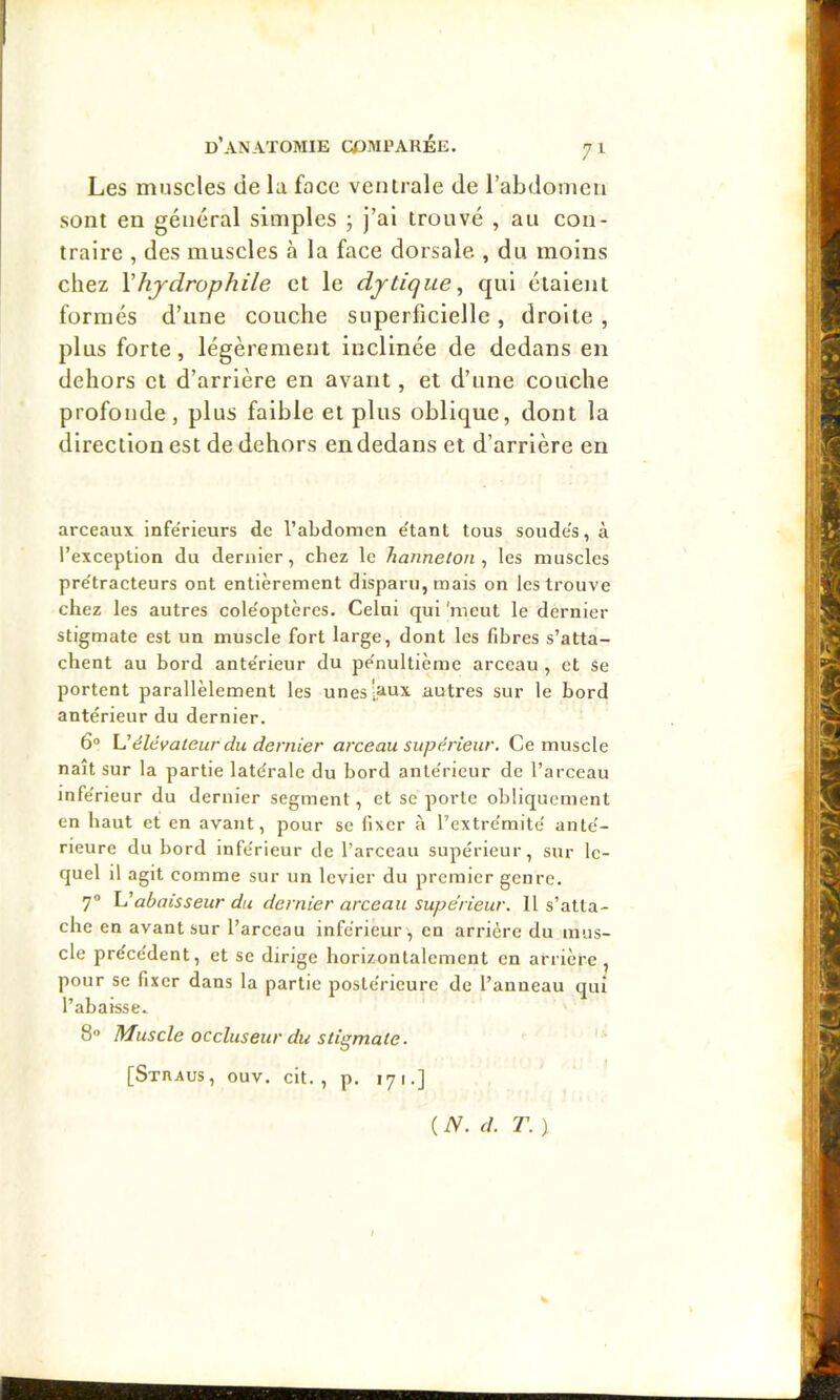 Les muscles de la face ventrale de l’abdomen sont en général simples ; j’ai trouvé , au con- traire , des muscles à la face dorsale , du moins chez Vhydrophile et le dytique, qui étaient formés d’une couche superficielle, droite , plus forte, légèrement inclinée de dedans en dehors et d’arrière en avant, et d’une couche profonde, plus faible et plus oblique, dont la direction est de dehors en dedans et d’arrière en arceaux inférieurs de l’abdomen étant tous soudés, à l’exception du dernier, chez le hanneton , les muscles prétracteurs ont entièrement disparu, mais on les trouve chez les autres coléoptères. Celui qui 'meut le dernier stigmate est un muscle fort large, dont les fibres s’atta- chent au bord antérieur du pénultième arceau , et Se portent parallèlement les unes [aux autres sur le bord antérieur du dernier. 6° Viélévateur du dernier arceau supérieur. Ce muscle naît sur la partie latérale du bord antérieur de l’arceau inférieur du dernier segment, et se porte obliquement en haut et en avant, pour se fixer à l’extrémité anté- rieure du bord inférieur de l’arceau supérieur, sur le- quel il agit comme sur un levier du premier genre. 7° \~éabaisseur du dernier arceau supérieur. Il s’atta- che en avant sur l’arceau inférieur, en arriére du mus- cle précédent, et se dirige horizontalement en arrière, pour se fixer dans la partie postérieure de l’anneau qui l’abaisse^ S” hduscle occluseur du stigmate. [Straus, ouv. cit. , p. 171.] ( N. d. T. )