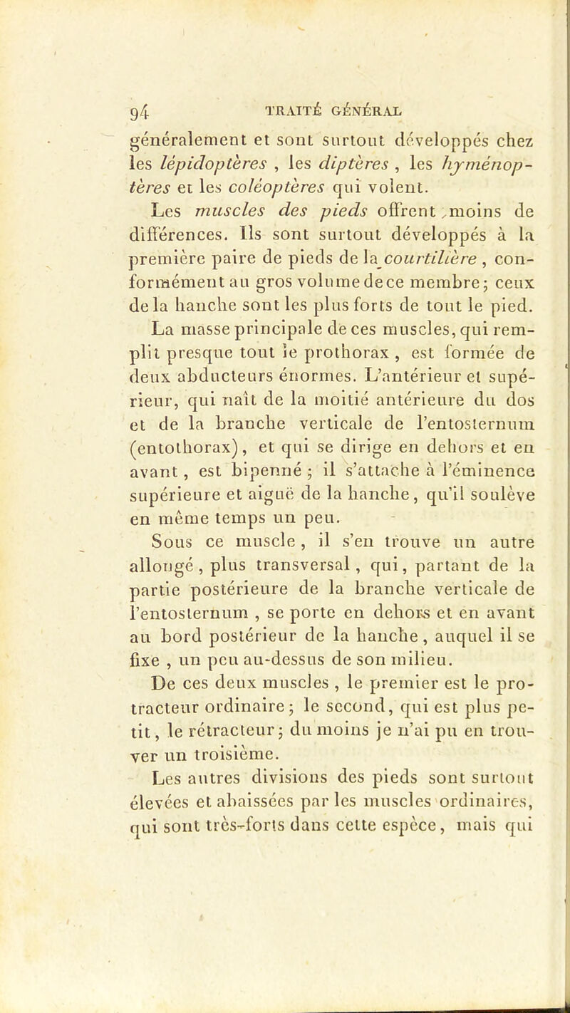 généralement et sont surtout développés chez les lépidoptères , les diptères , les hyménop- tères et les coléoptères qui volent. Les muscles des pieds offrent,moins de différences. Ils sont surtout développés à la première paire de pieds de l^ courtilière , con- formément au gros volume de ce membre; ceux delà hanche sont les plus forts de tout le pied. La masse principale de ces muscles, qui rem- plit presque tout le prothorax , est formée de deux abducteurs énormes. L’antérieur et supé- rieur, qui naît de la moitié antérieure du dos et de la branche verticale de rentoslernuin (entolhorax), et qui se dirige en dehors et eu avant, est bipenné ; il s’attache à l’éminence supérieure et aiguë de la hanche, qu’il soulève en meme temps un peu. Sous ce muscle, il s’eu trouve un autre allongé , plus transversal, qui, partant de la partie postérieure de la branche verticale de i’entoslernum , se porte en dehor^s et en avant au bord postérieur de la hanche, auquel il se fixe , un peu au-dessus de son milieu. De ces deux muscles , le premier est le pro- tracteur ordinaire; le second, qui est plus pe- tit , le rétractcur; du moins je n’ai pu en trou- ver un troisième. Les autres divisions des pieds sont surtout élevées et abaissées parles muscles'ordinaires, qui sont très-forts dans cette espèce, mais qui