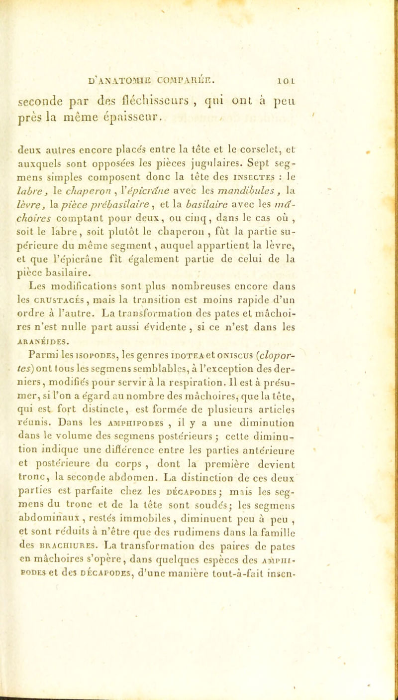 10 L d',VN ATOMl E COM P AIlÉ E. seconde par des flécliisscurs , qui ont à peu près la même épaisseur. / deux autres encore placc's entre la tête et le corselet, cL auxquels sont opposées les pièces jugulaires. Sept seg- mens simples composent donc la tète des insectes : le labre, le chaperon , Vépicrdne avec les mandibules , la lèvre, la pièce prébasilaire ^ et la basilaire avec les mâ- choires comptant pour deux, ou cinq, dans le cas où , soit le labre, soit plutôt le chaperon , fût la partie su- périeure du meme segment, auquel appartient la lèvre, et que l’e'picrâne fît e'galeraent partie de celui de la pièce basilaire. Les modifications sont plus nombreuses encore dans les CRUSTACÉS, mais la transition est moins rapide d’un ordre à l’autre. La transformation des pales et mâchoi- res n’est nulle part aussi e'videute , si ce n’est dans les ARANÉIDES. Parmi lesisopoDEs, les genres inoTEAetoNiscus {clopor- tes) ont tous les segmens semblables, à l’exception des der- niers , modifie's pour servir à la respiration. 11 est à pre'su- mer, si l’on a e'gard au nombre des mâchoires, que la tête, qui est fort distincte, est forme'e de plusieurs articles re'unis. Dans les amphipodes , il y a une diminution dans le volume des segmens poste'rieurs j celle diminu- tion indique une diliércnce entre les parties anle'rieure et poste'ricure du corps , dont la première devient tronc, la seconde abdomen. La distinction de ces deux parties est parfaite chez les décapodes j mais les seg- mens du tronc et de la tête sont soudés; les segmens abdominaux, restes immobiles, diminuent peu à peu , et sont réduits à n’être que des rudimens dans la famille des BRAcmuRES. I^a transformation des paires de pales en mâchoires s’opère, dans rjuelqucs espèces des ampiu- PODES et des décapodes, d’une manière tout-à-fait insen-